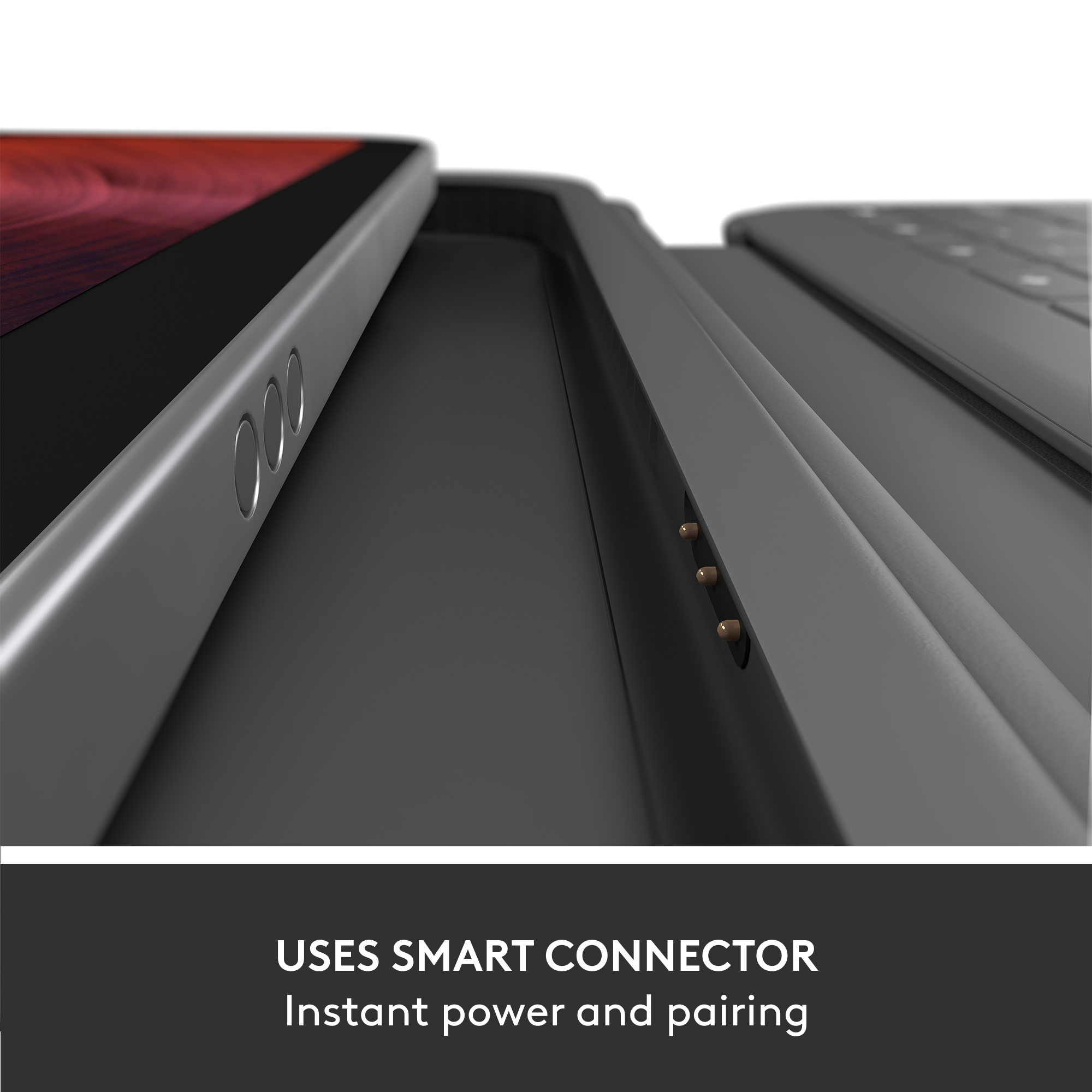 Gros plan d'un accessoire avec des ports. Texte : 'USES SMART CONNECTOR'.