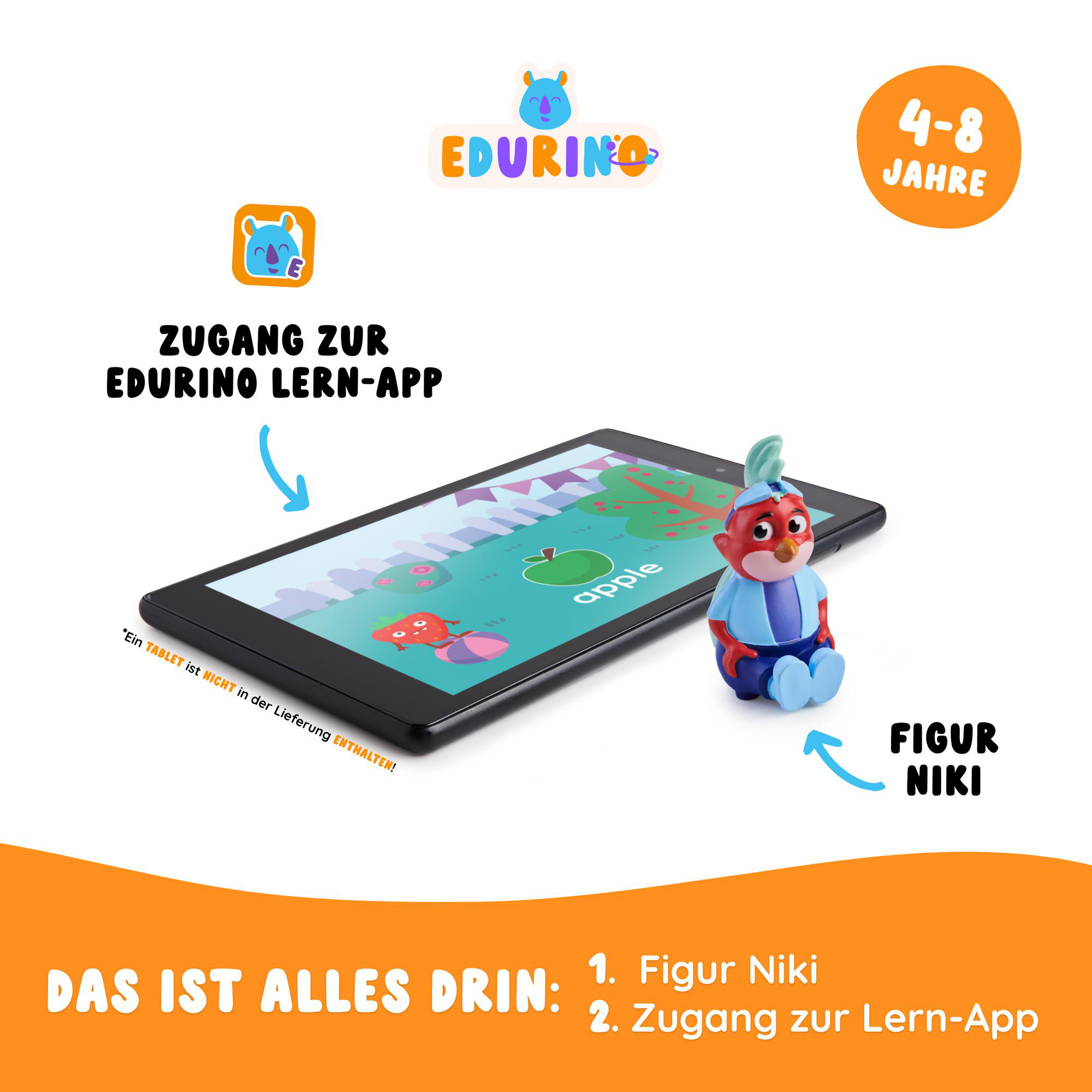Tablet mit Cartoonbild und Niki-Figur, mit deutschem Text.