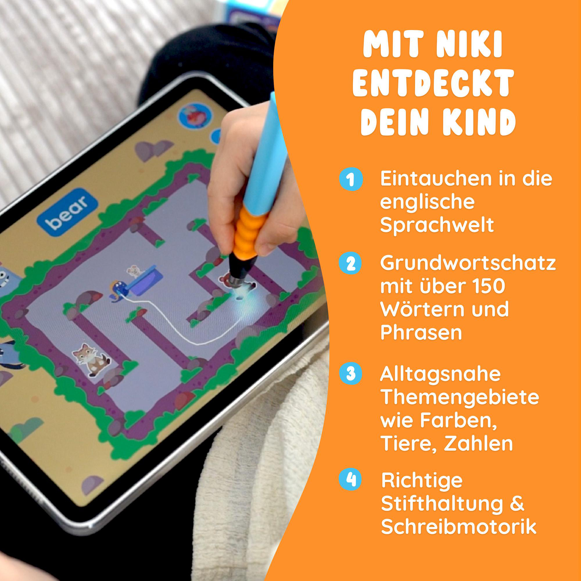 Ein Tablet mit Kinderhand, die einen Stift hält. Text auf Deutsch.