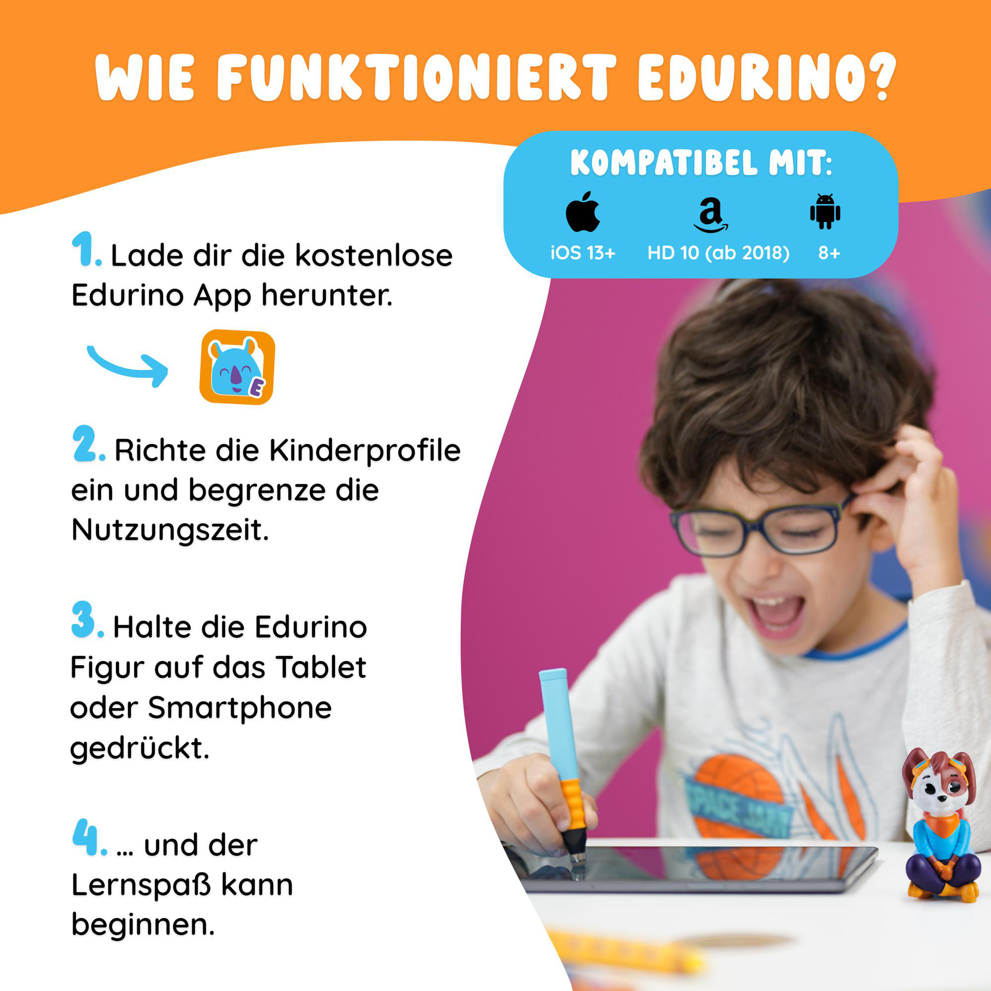 Ein Junge benutzt einen Stift auf einem Tablet. Text erklärt die Edurino-App.
