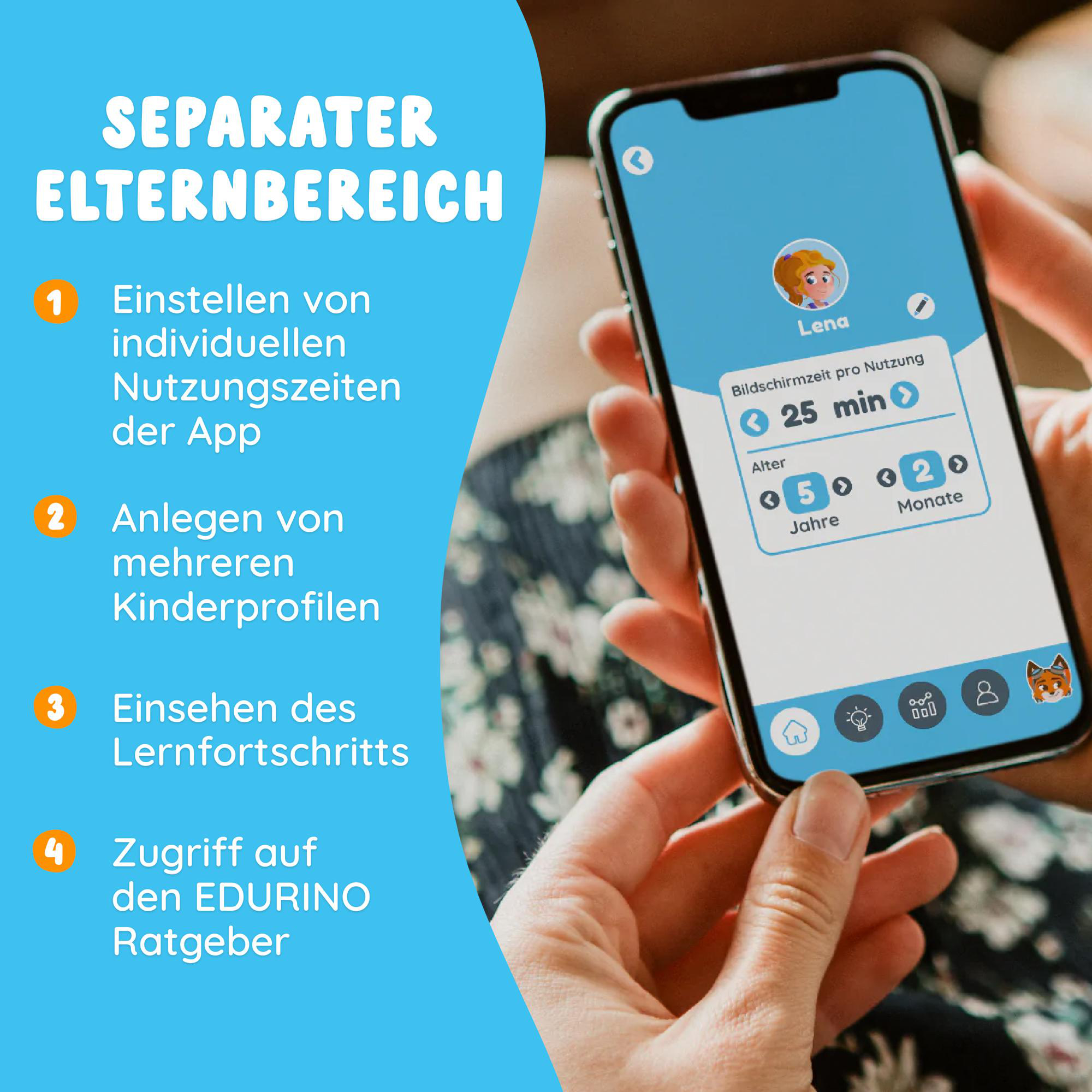 Eine Hand, die ein Telefon hält, das einen Kinderprofilbildschirm mit Nutzungszeit- und Alterseinstellungen zeigt.