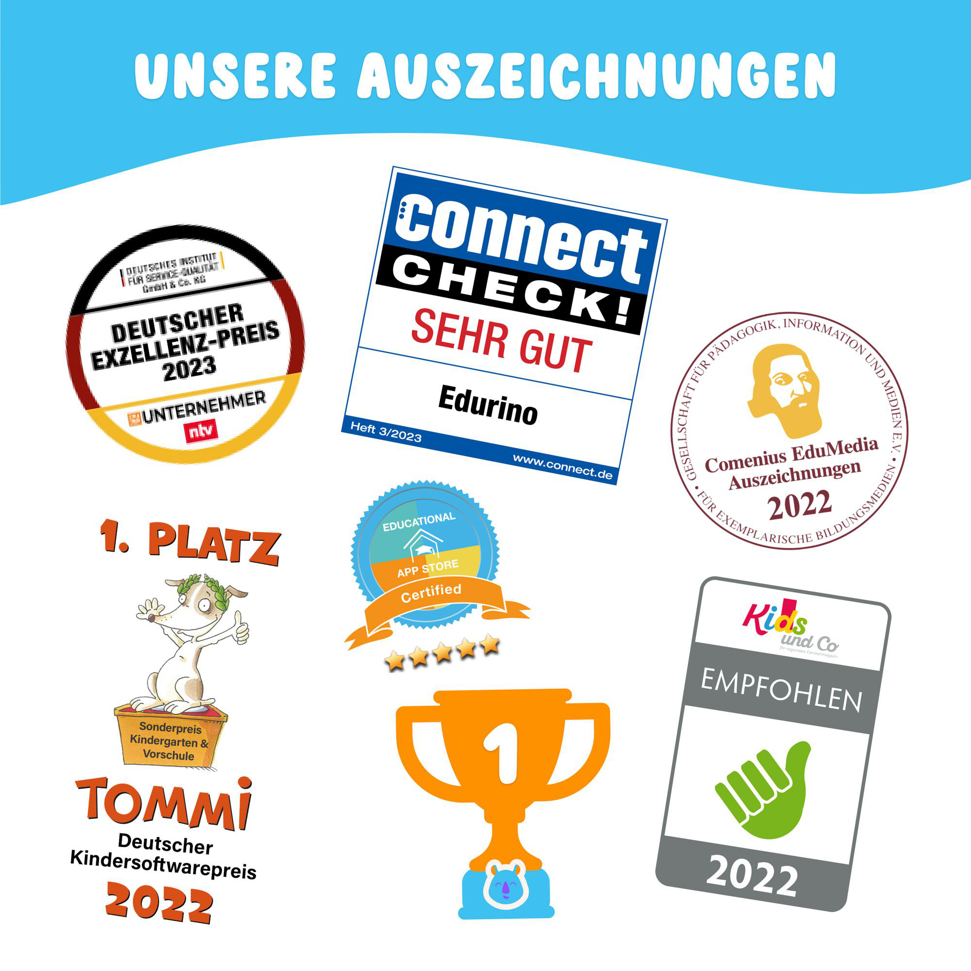 Verschiedene Auszeichnungen und Anerkennungen, darunter der Edurino Connect Check Award und der TOMMI Award.