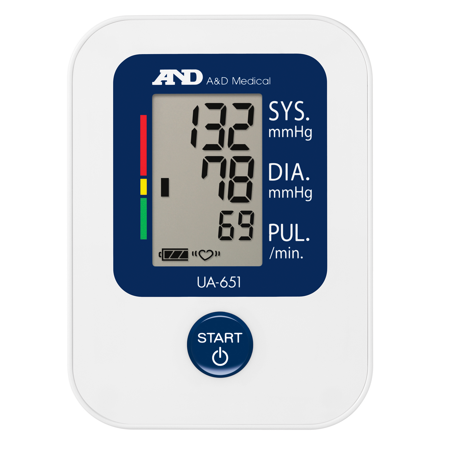 Een witte bloeddrukmeter toont de waarden: 132/78/69. Het heeft een startknop en een kleurenbalk. Het merk is A&D Medical.