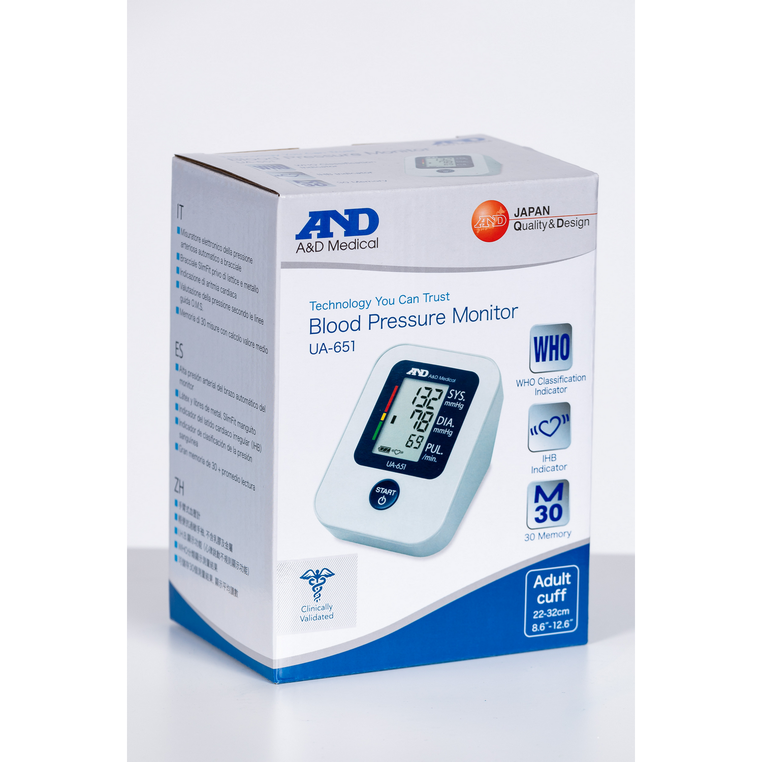Een bloeddrukmonitor doos. Het toont de monitor met een digitaal scherm en de merknaam 'A&D Medical'.