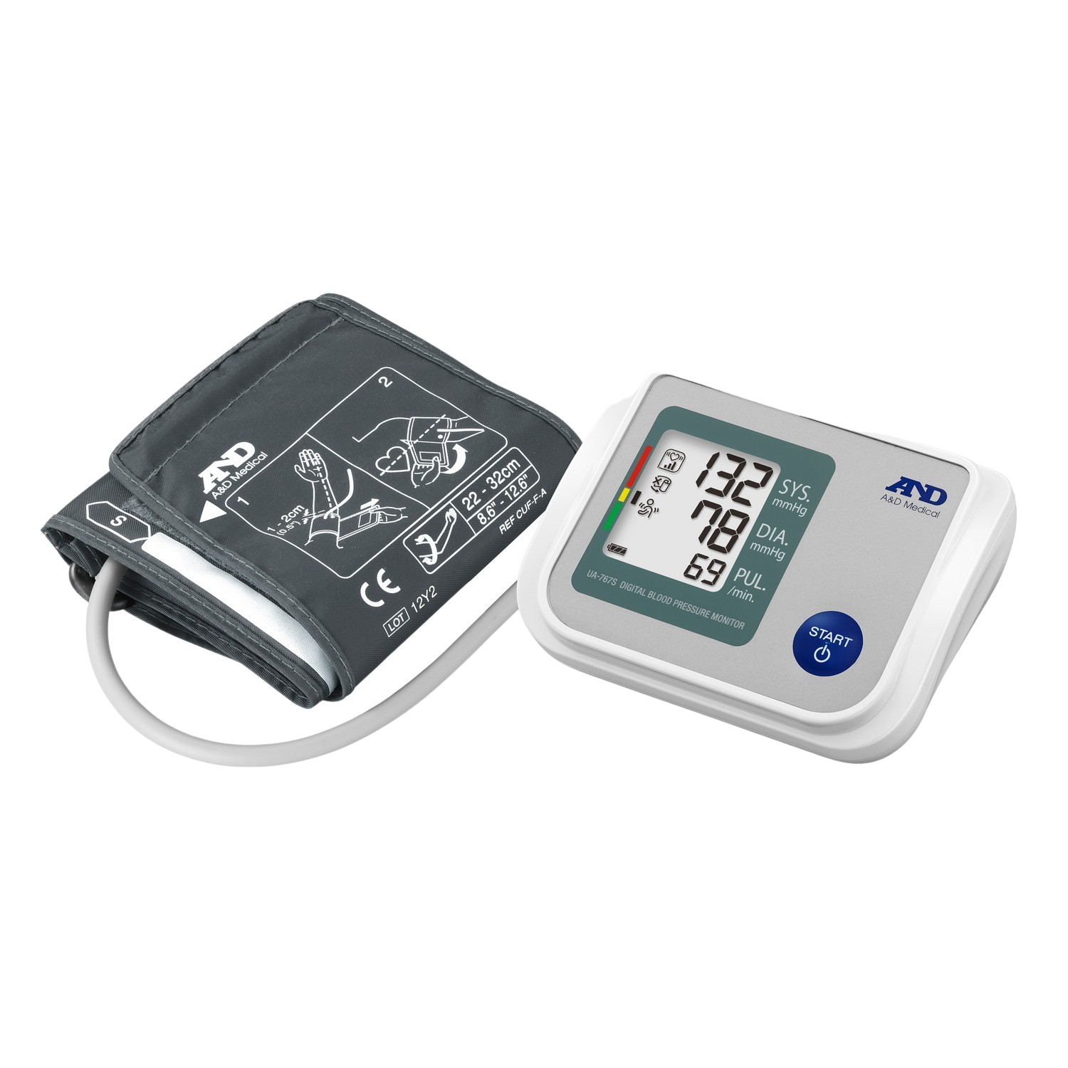 Een bloeddrukmeter en manchet op zwarte achtergrond. De meter toont metingen. De manchet is grijs.