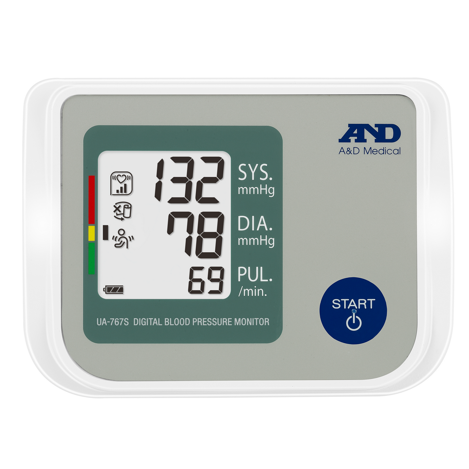 Digitale bloeddrukmeter met systolische waarde 132 mmHg, diastolische waarde 78 mmHg en pols 69 /min. Merk A&D Medical. Startknop zichtbaar.