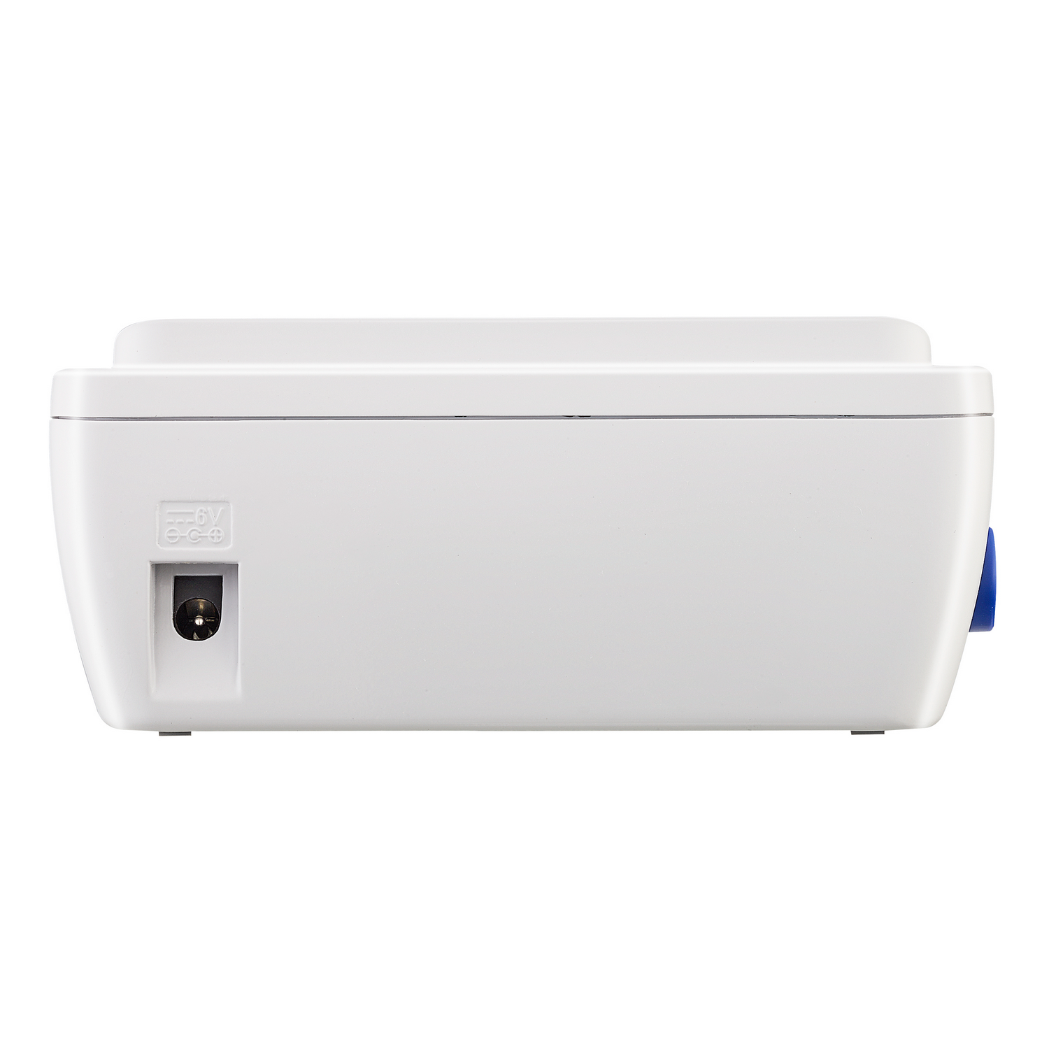Een wit elektronisch apparaat met een voedingspoort en een blauwe knop. Een 6V-stroomingangsymbool staat naast de poort.