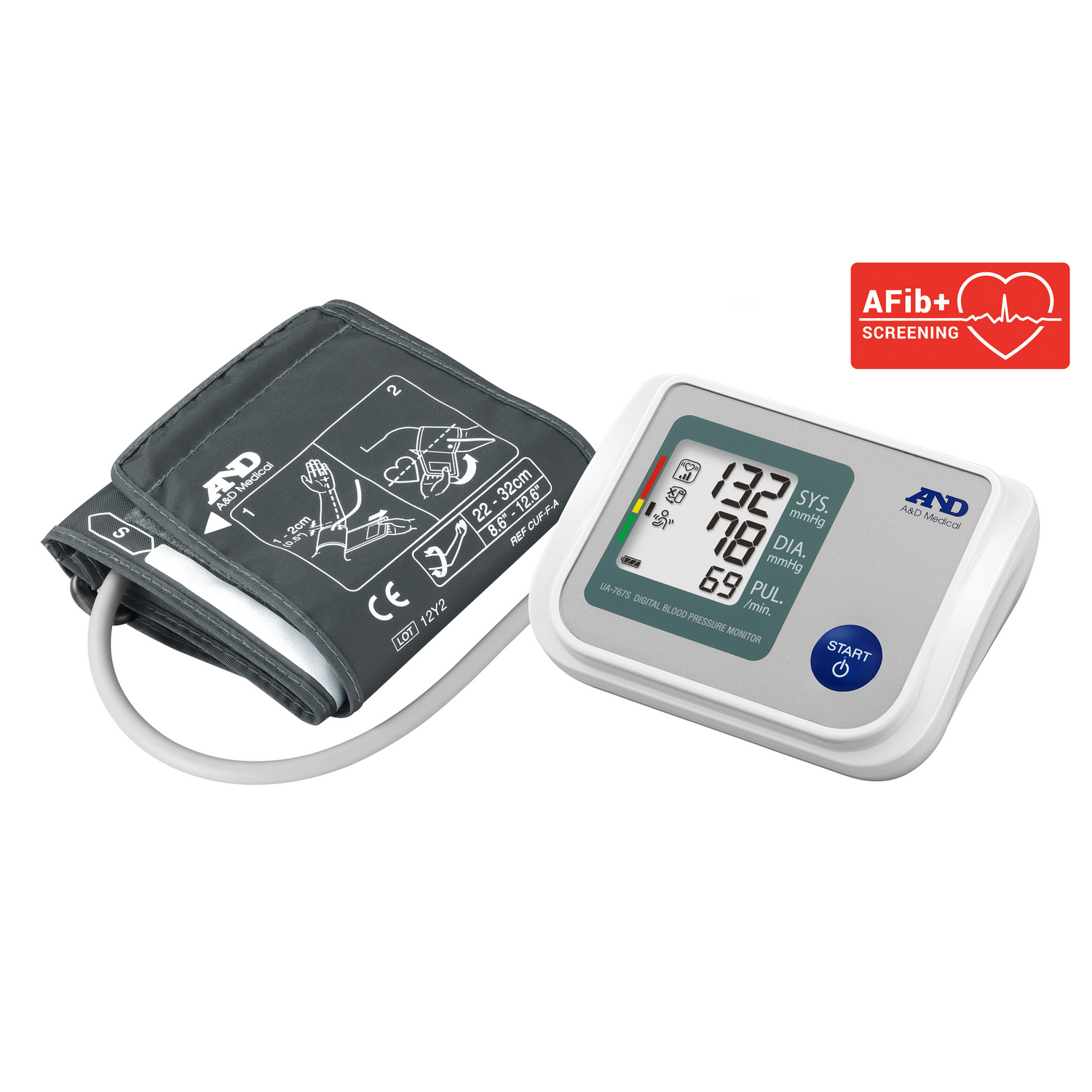 Een bloeddrukmeter met manchet en digitale display. De display toont waarden voor systolische, diastolische druk en pols.