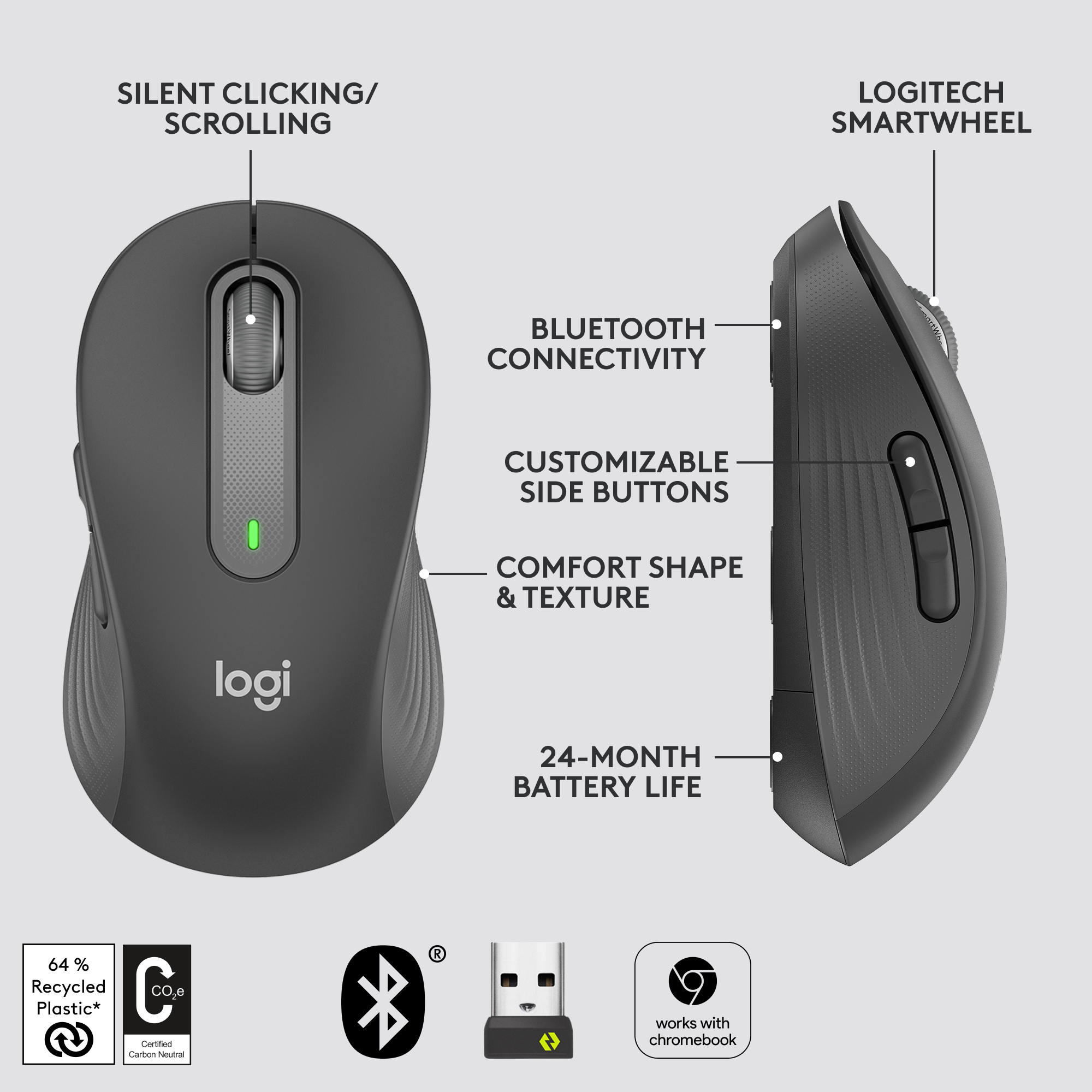 Souris Logitech noire avec clic silencieux, Bluetooth, boutons latéraux et batterie de 24 mois.