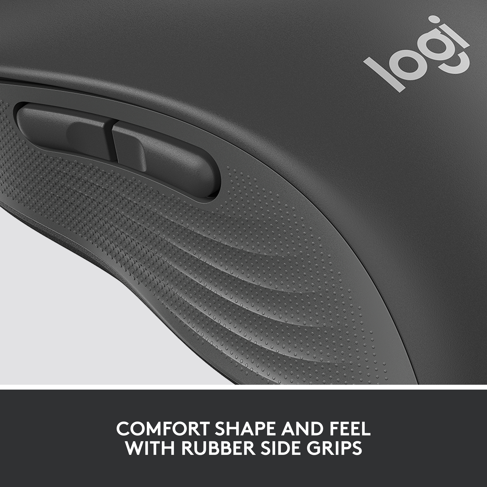 Souris Logitech noire, montrant une prise texturée et deux boutons.