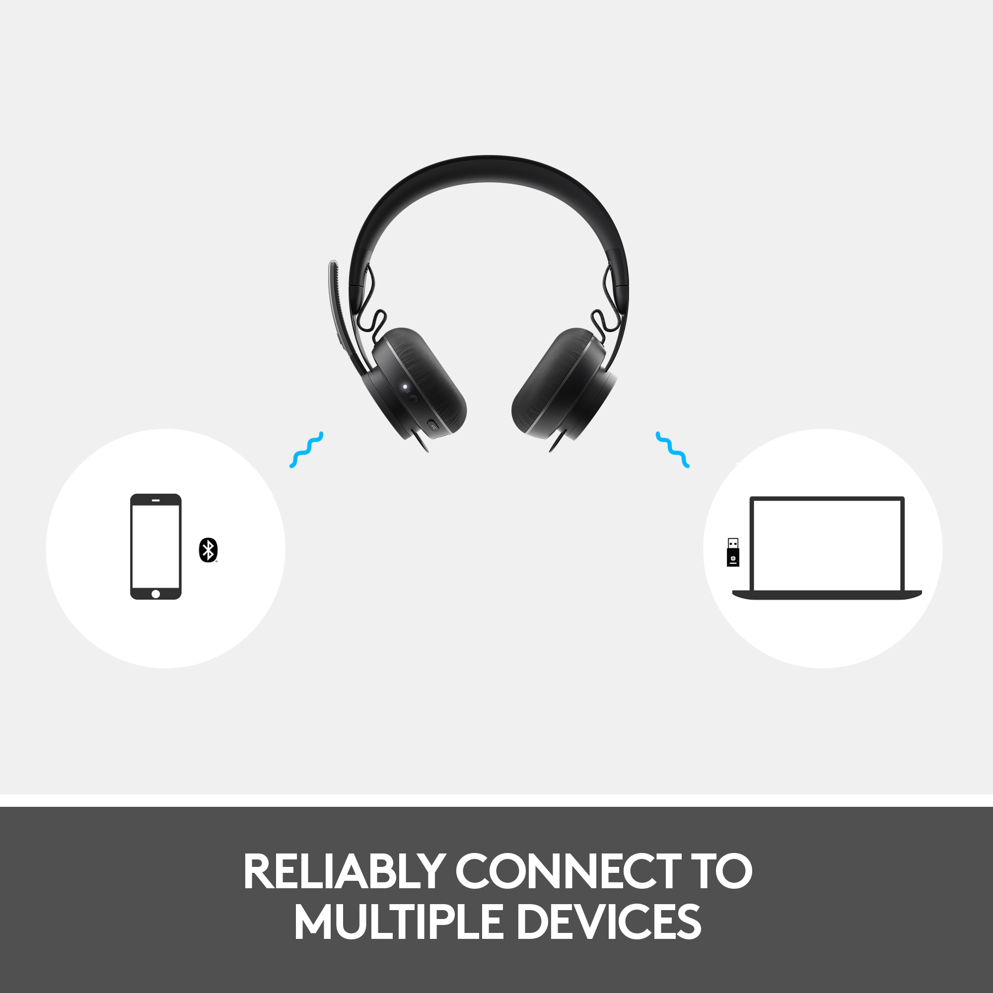 Schwarzes Headset und zwei Telefonsymbole. Ein Telefonsymbol hat Bluetooth.