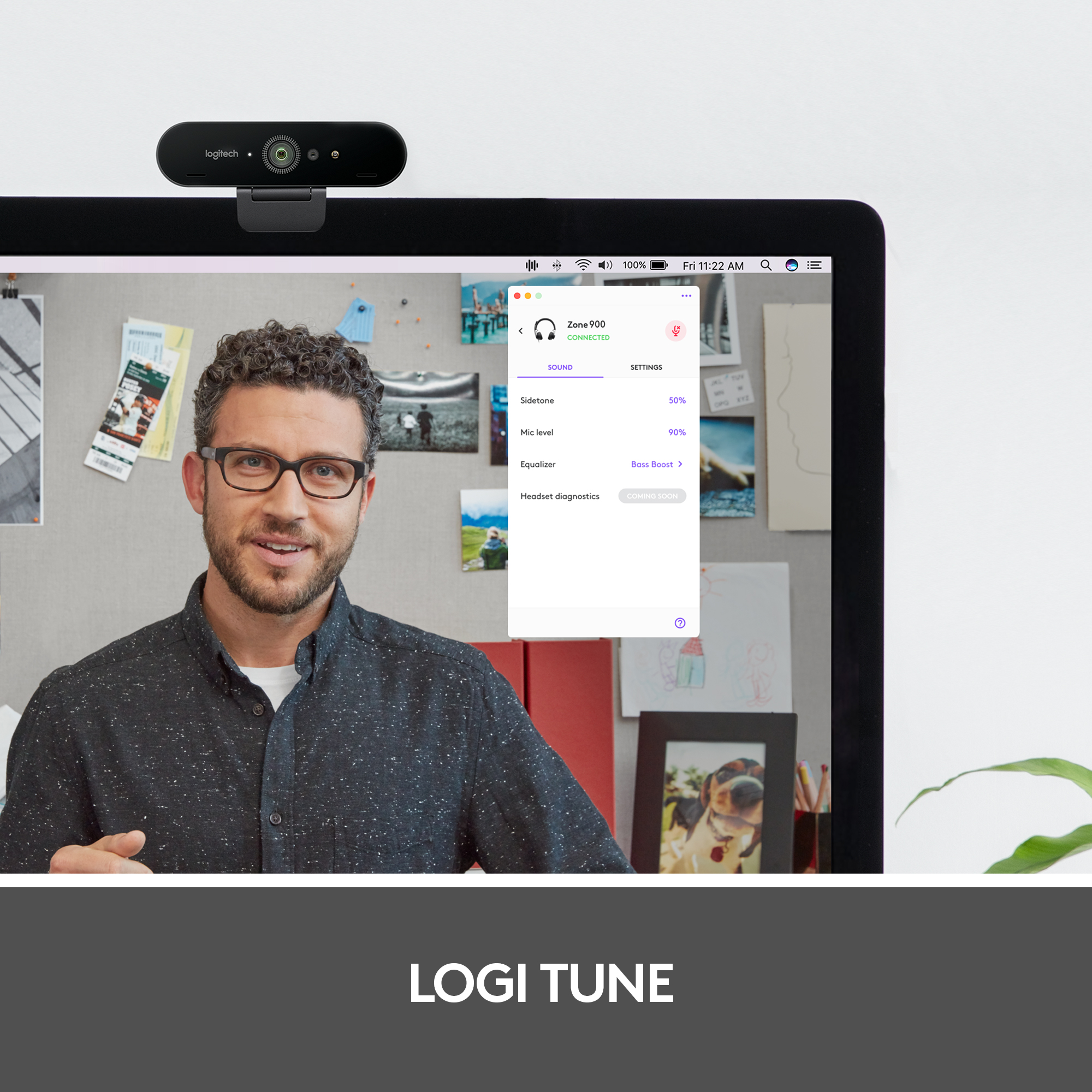 Mann mit Brille auf einem Computerbildschirm, mit Webcam oben. Text: LOGI TUNE.
