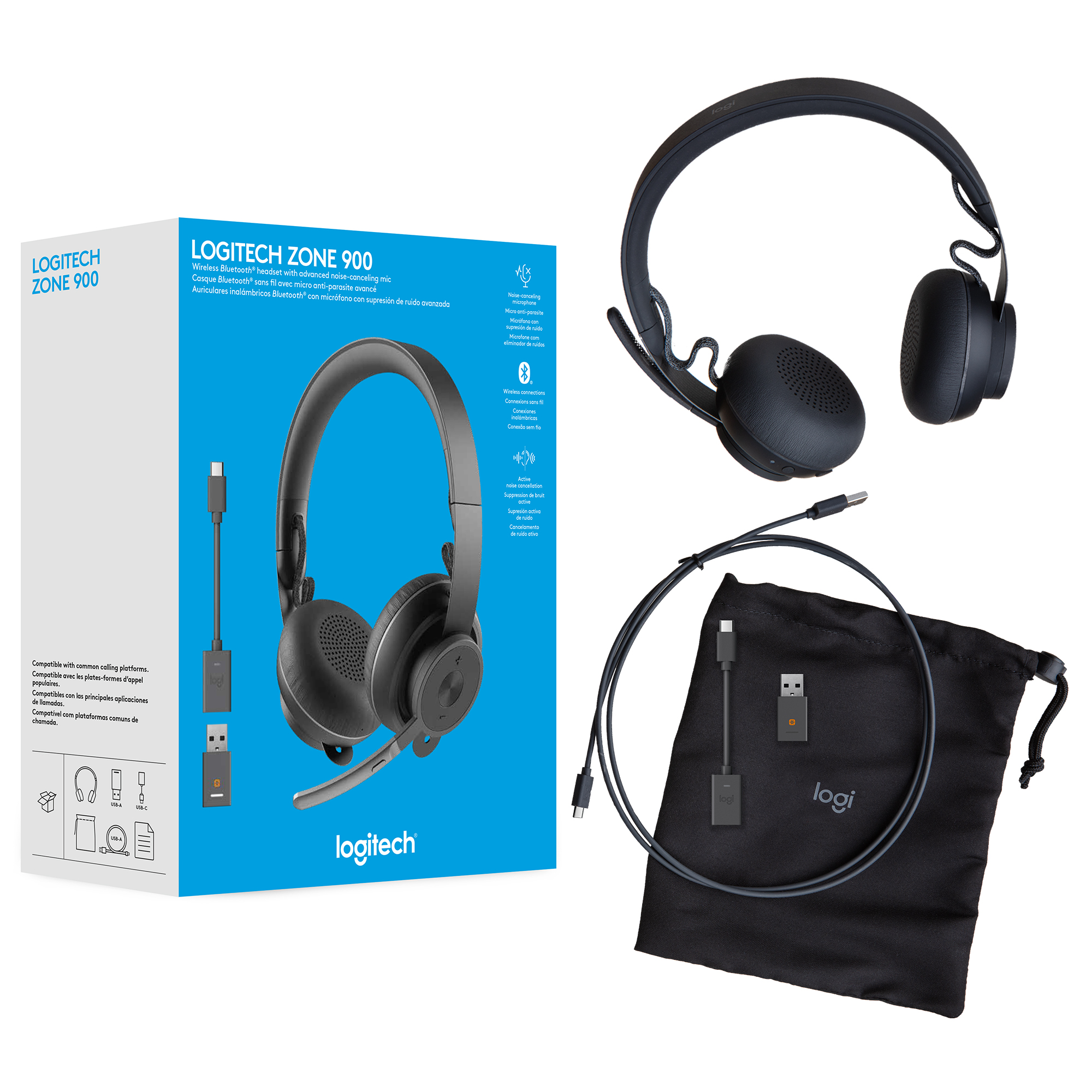 Logitech Zone 900 Headset, Box und Zubehör, schwarze Farbe.