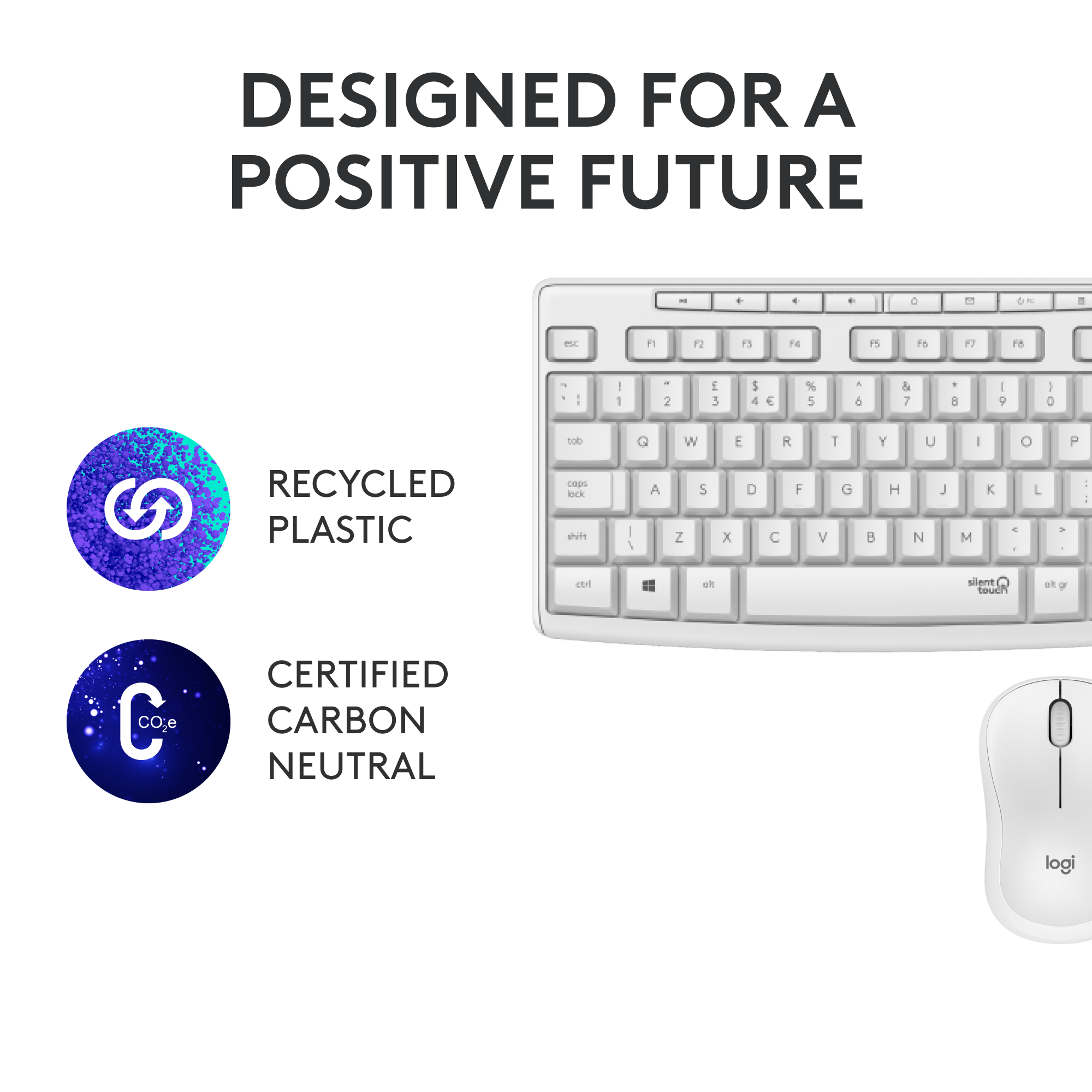 Clavier et souris blancs avec texte. Texte : Conçu pour un avenir positif. Plastique recyclé. Neutre en carbone.