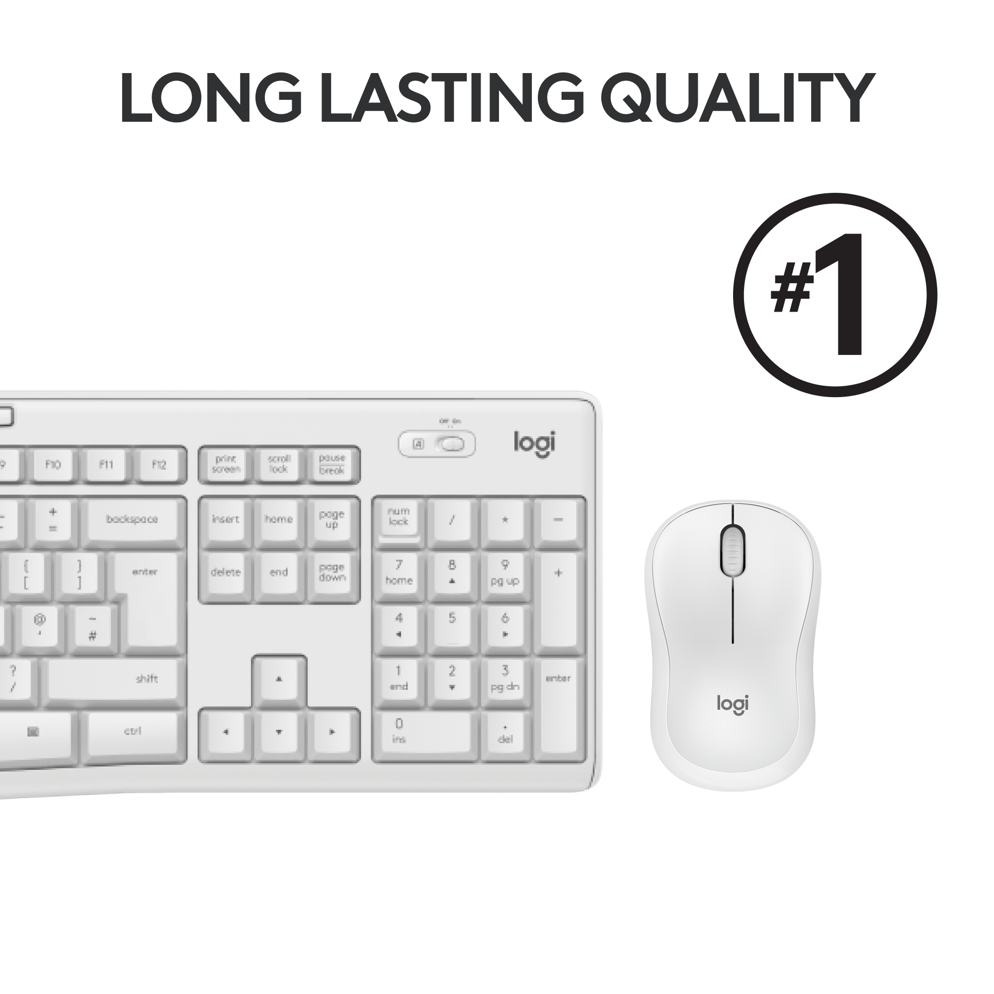 Clavier et souris blancs. Le texte en haut dit 'QUALITÉ DURABLE' et '#1'.