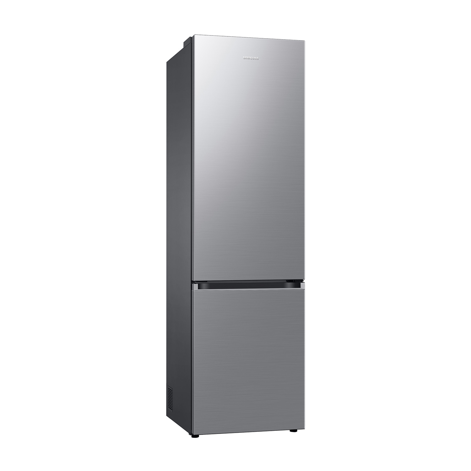 Un frigorifero alto, argento, a due porte con il logo Samsung.