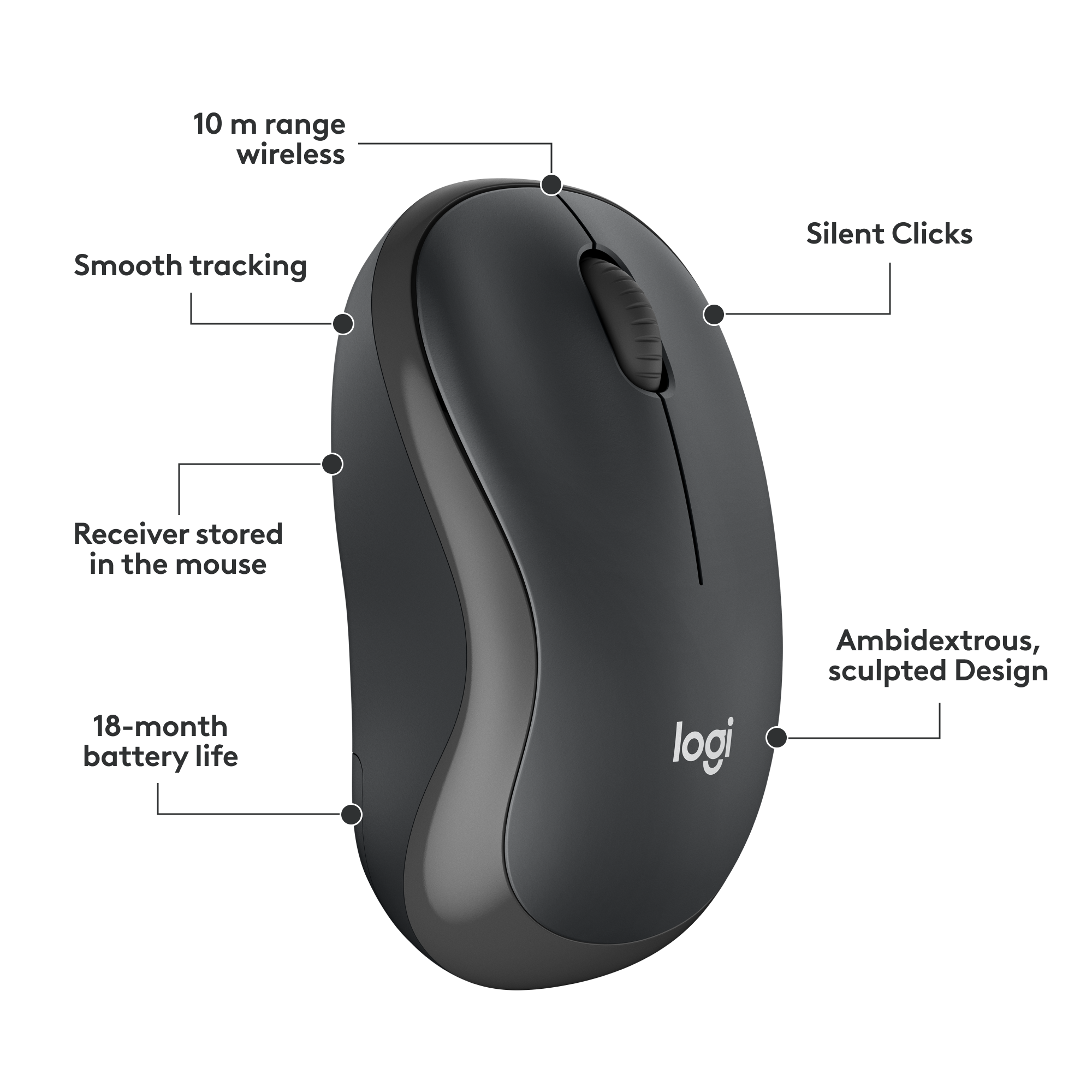Souris sans fil noire avec des fonctionnalités, notamment un suivi fluide, des clics silencieux et une longue durée de vie.
