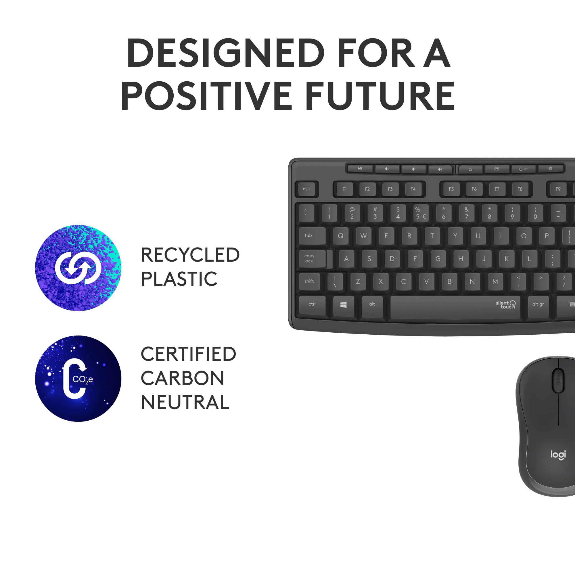Clavier et souris noirs. Des icônes de recyclage et de neutralité carbone sont affichées.