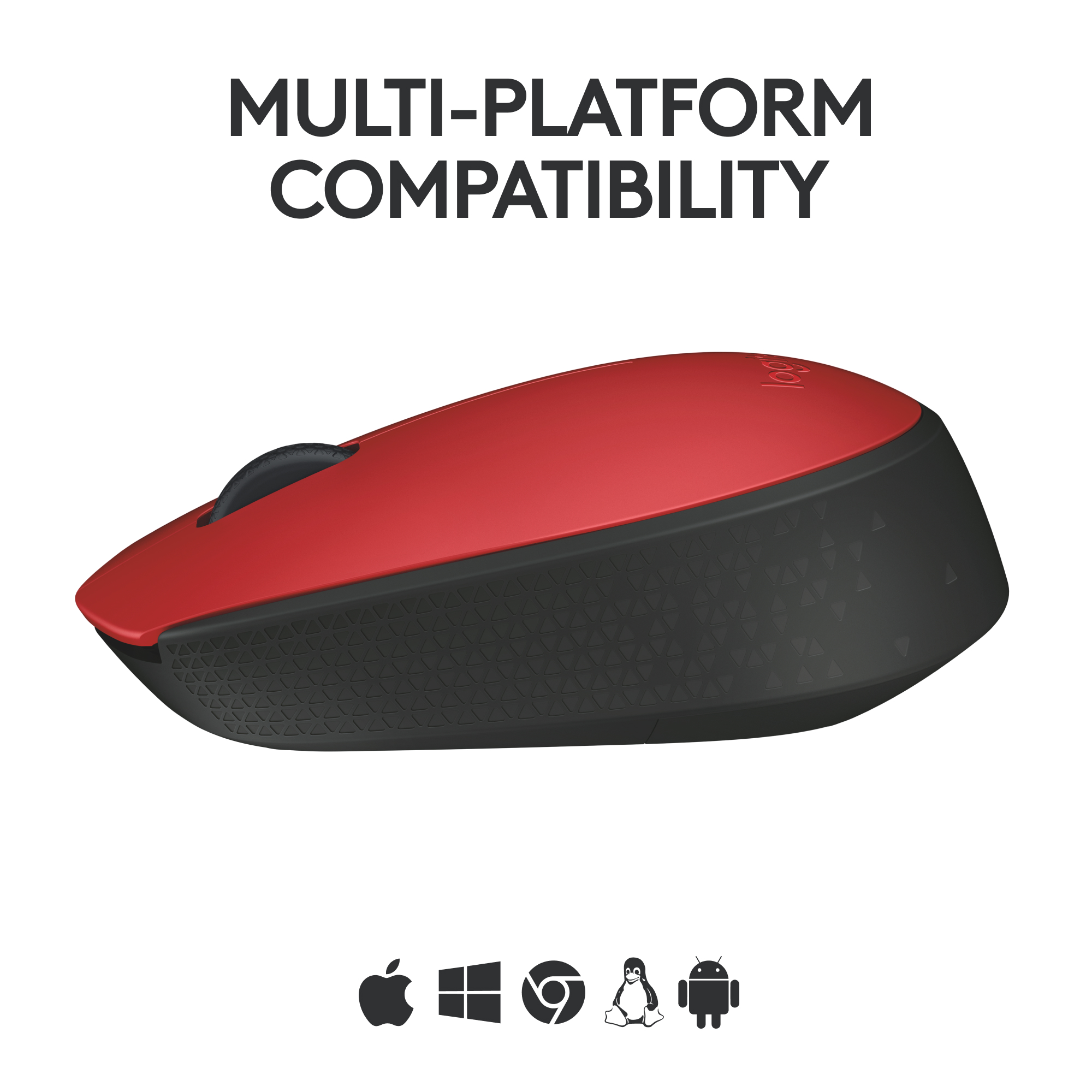 Souris Logitech rouge et noire avec icônes de compatibilité multiplateforme. Fond blanc.