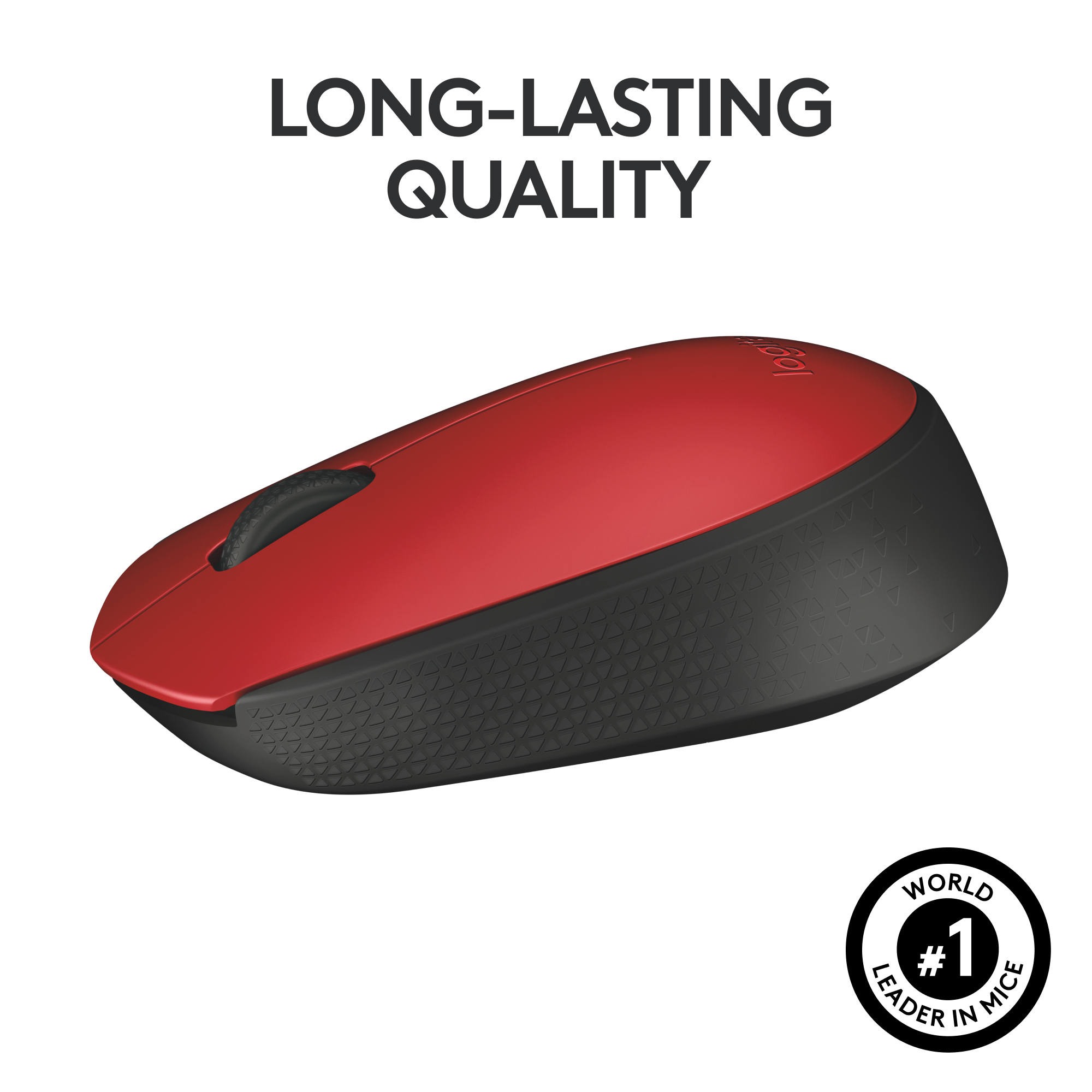 Souris sans fil rouge et noire avec molette, sur une surface blanche. Label: #1 mondial des souris.
