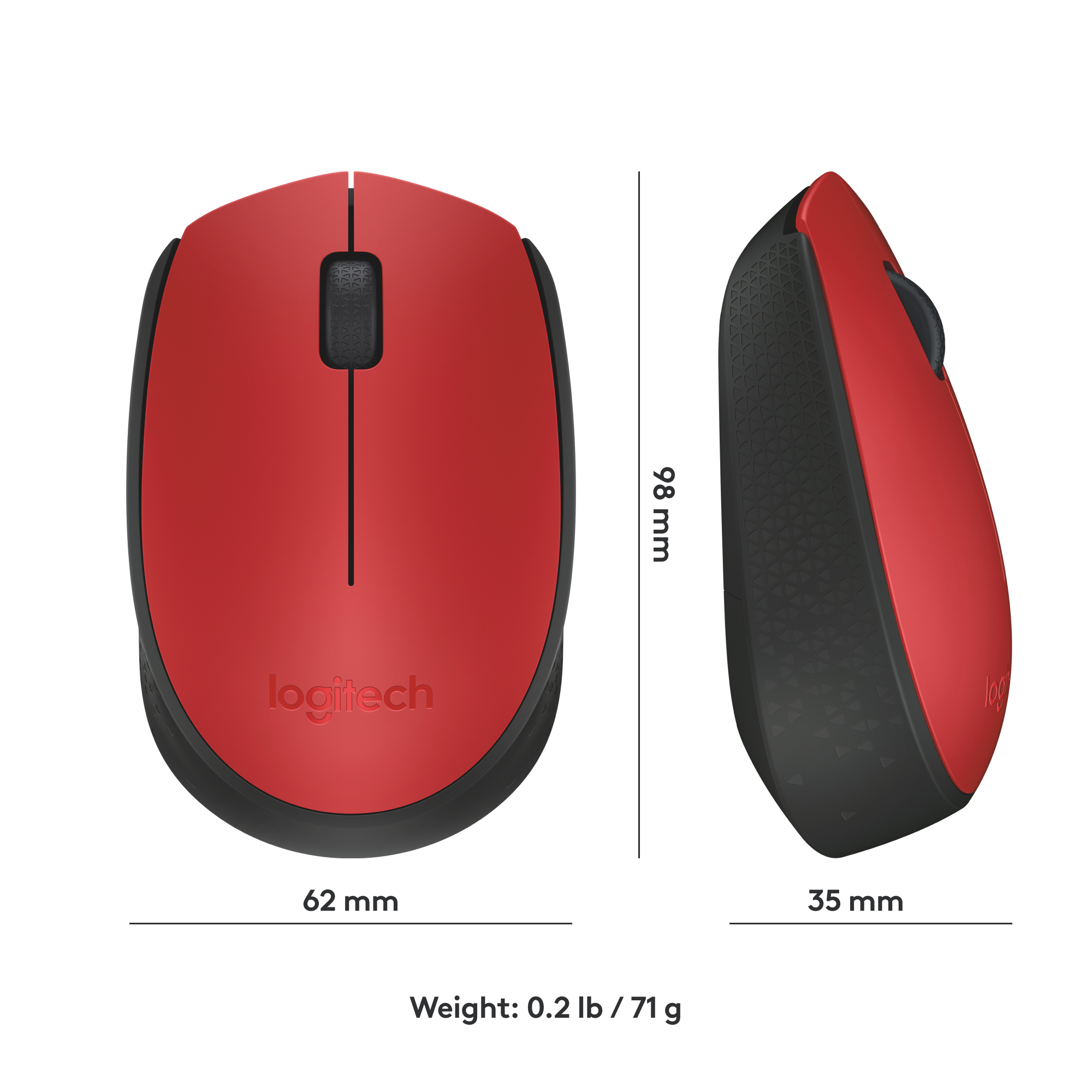 Souris Logitech rouge, base noire, étiquettes de dimensions et de poids sur fond blanc.
