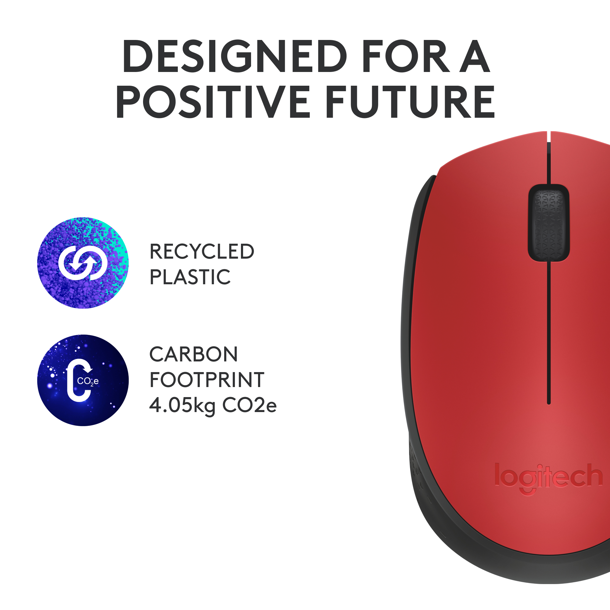 Souris rouge avec le texte 'recycled plastic' et 'carbon footprint'.