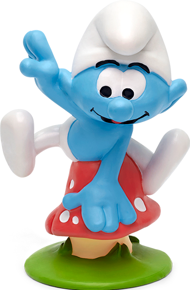 Schlumpf-Figur auf einem Pilz mit grünem Sockel, hebt den Arm in fröhlicher Pose.