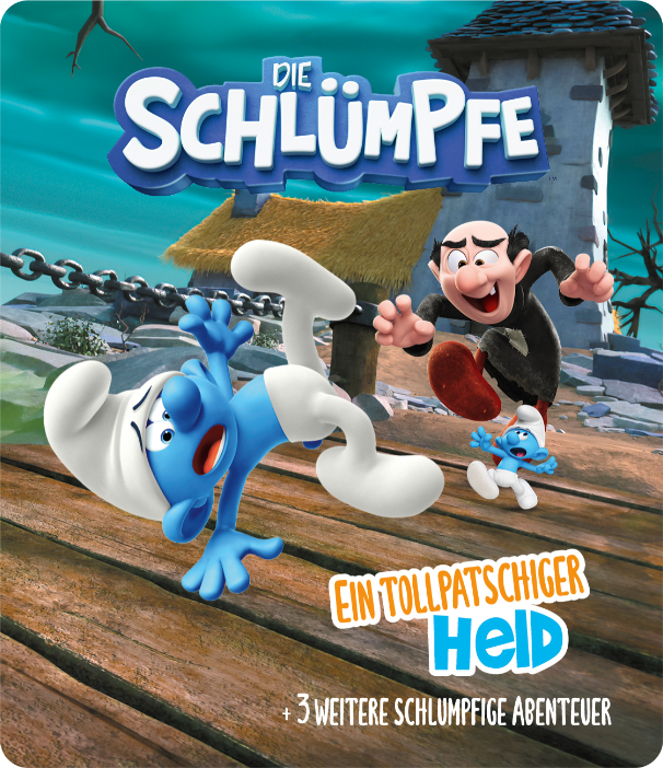Schlümpfe-Cartoon-Cover. Ein Schlumpf fällt auf einer Holzbrücke. Gargamel ist im Hintergrund.