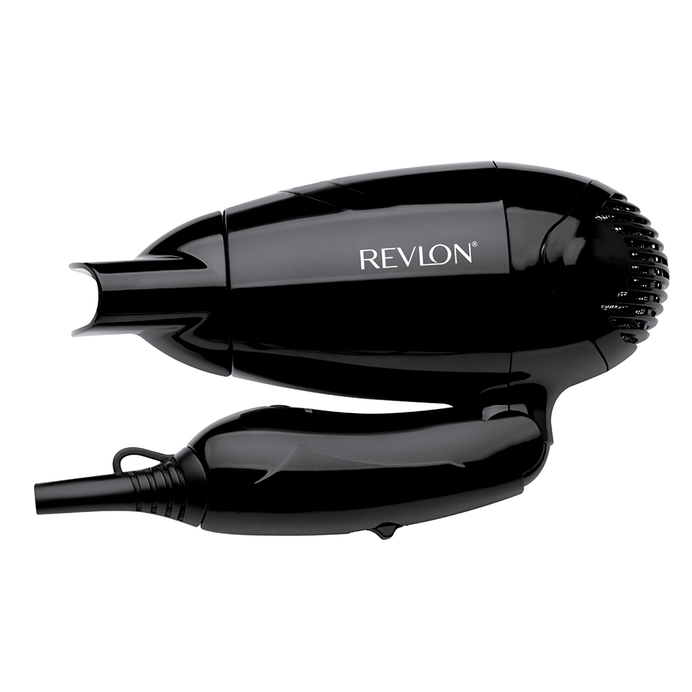 Siyah Revlon saç kurutma makinesi. Ürün beyaz bir arka plan üzerinde. Marka adı görünür.