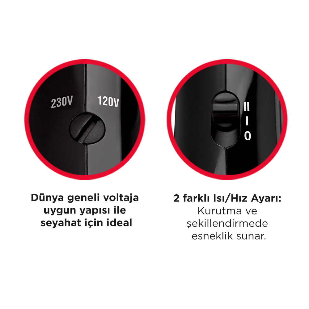 İki siyah kadran. Biri voltaj seçeneklerini, diğeri cihazın ısı ayarlarını gösterir.