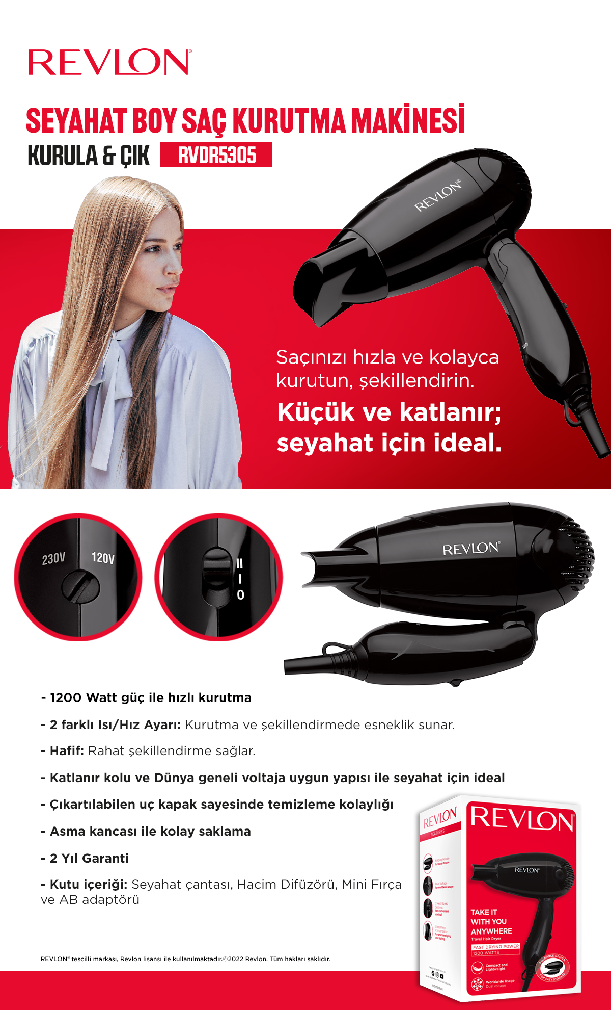 Kadın, kurutucu ve ürün detayları ile Revlon saç kurutma makinesi reklamı.