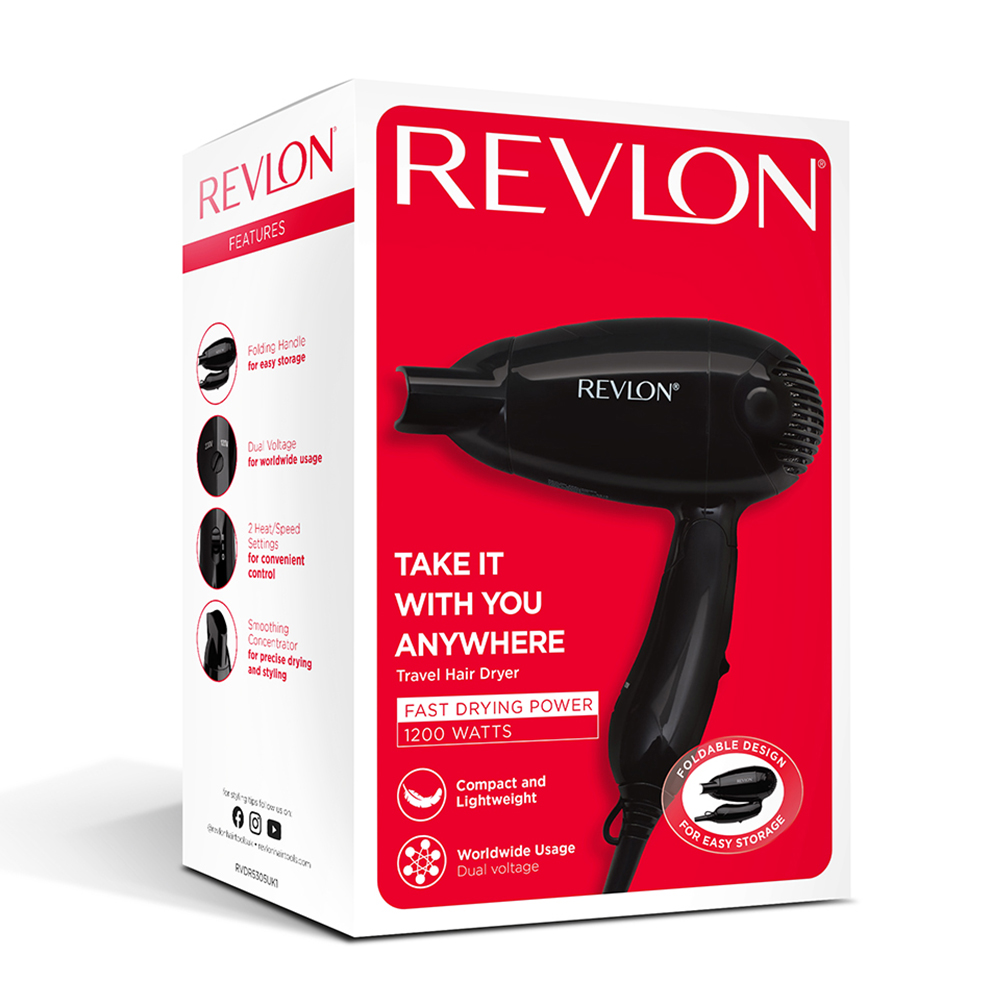 Kutuda siyah Revlon saç kurutma makinesi, üzerinde özellikler ve metin var.