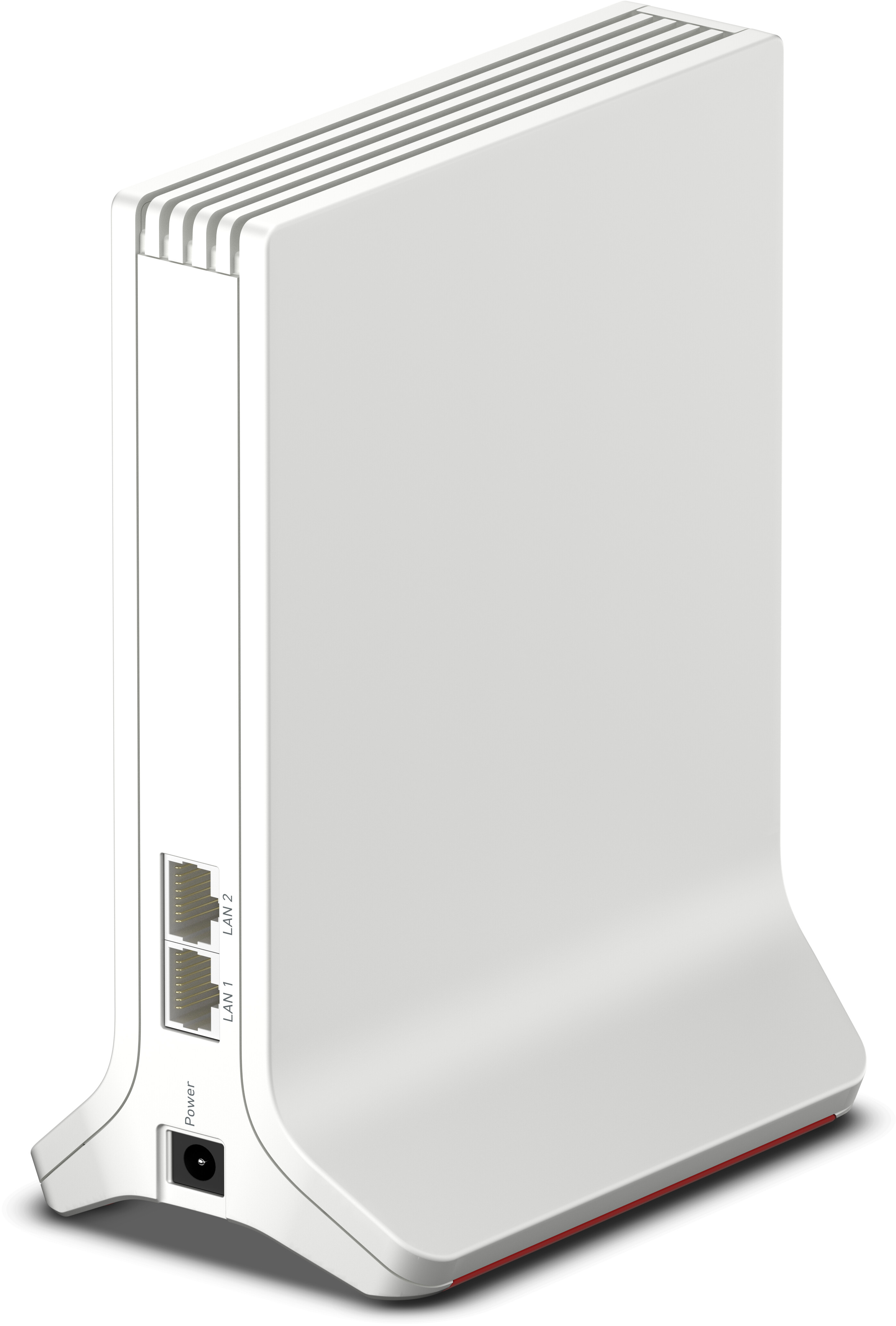 Routeur modem blanc avec ports et entrée d'alimentation visibles. Accents rouges sur la base.