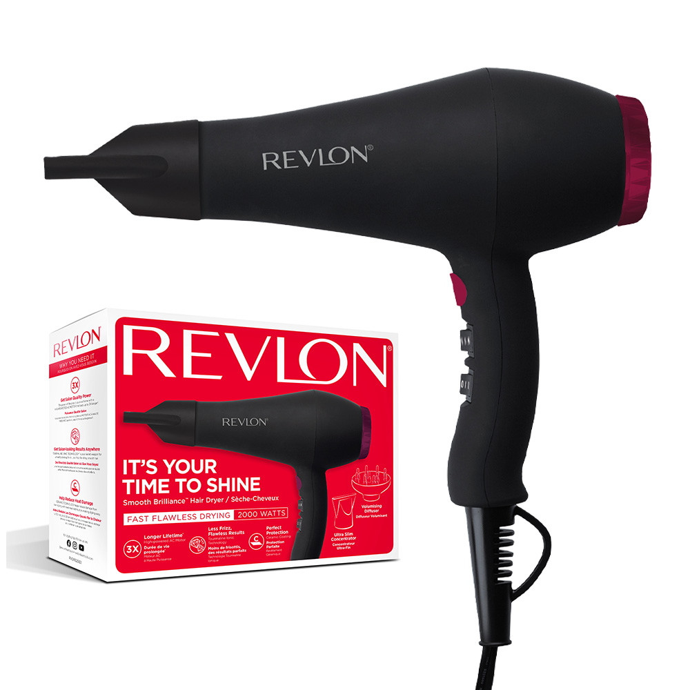 Siyah bir Revlon saç kurutma makinesi ve kutusu sergileniyor, kutuda kurutma makinesi ve metin: It's Your Time to Shine var.