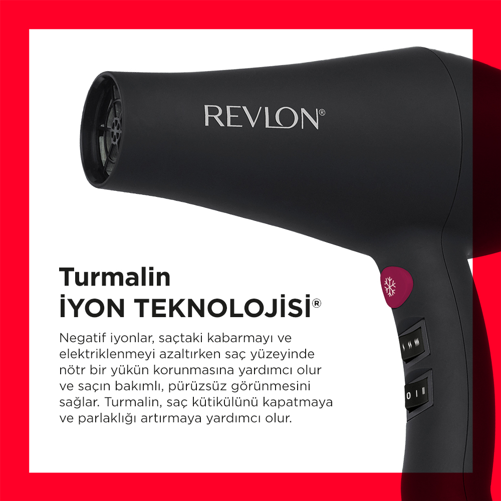 Metinli, pembe düğmeli ve kontrol anahtarlı siyah bir saç kurutma makinesi.