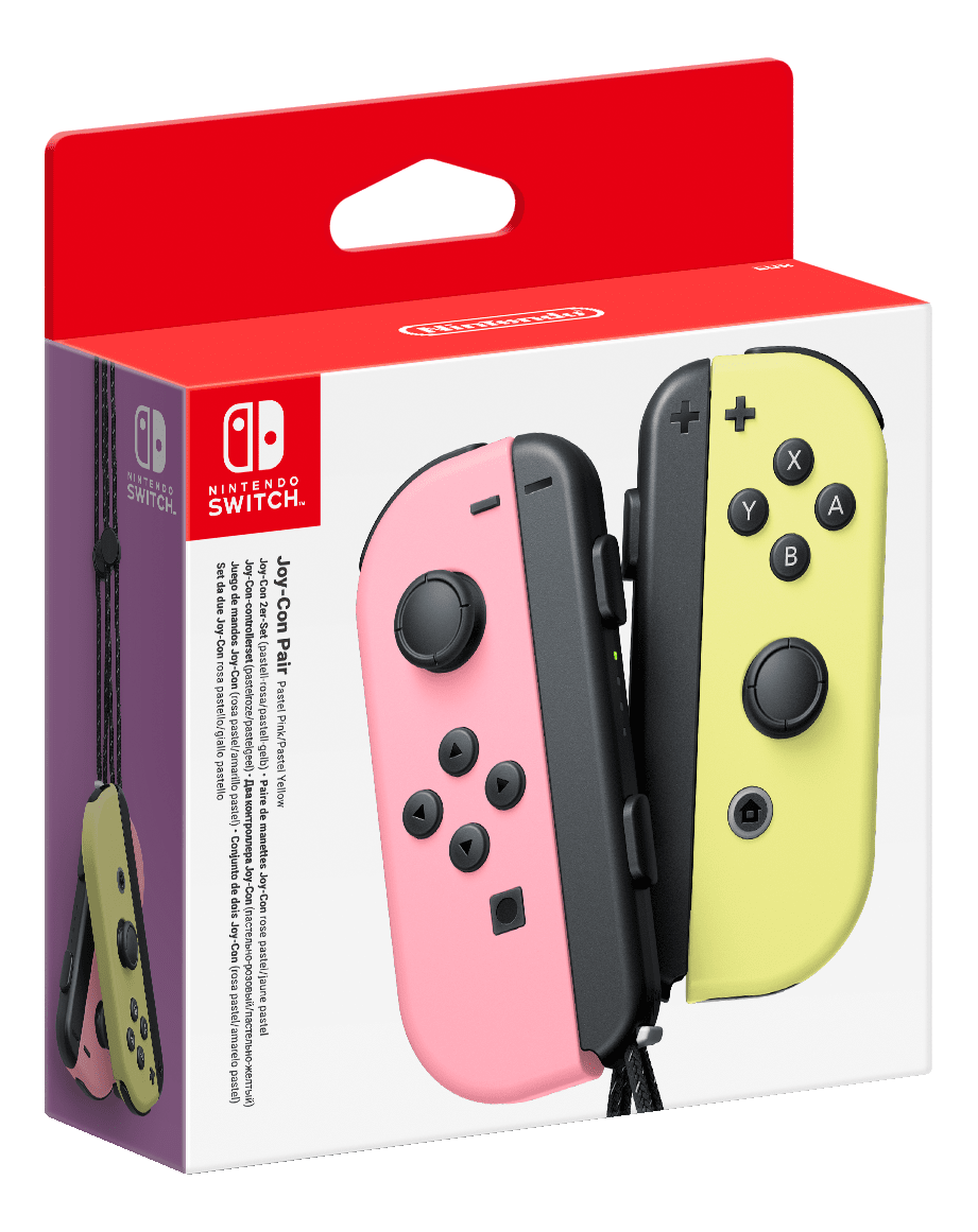 Nintendo Switch Joy-Con Controller in einer Box. Einer rosa, einer gelb.