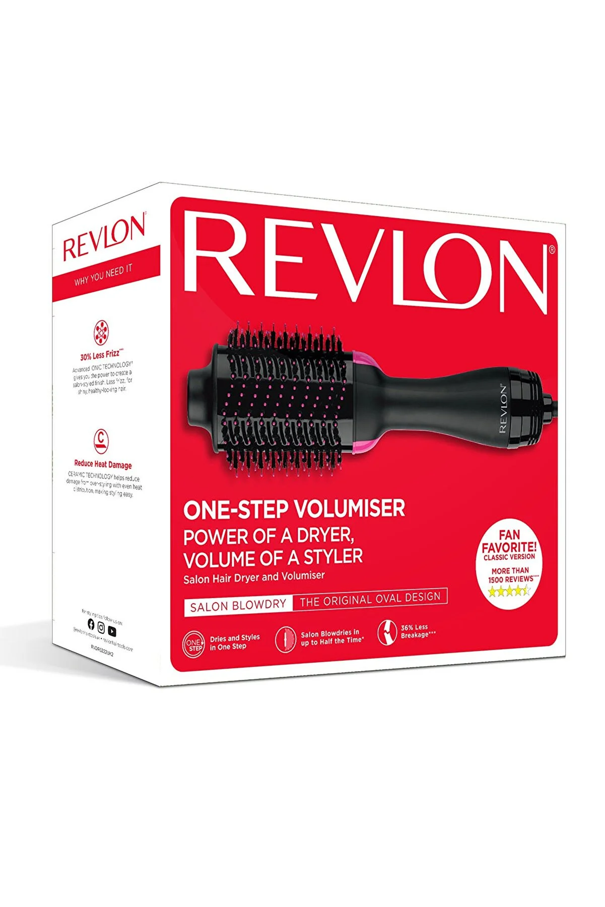Revlon One-Step Volumizer kutusu. Siyah ve pembe saç şekillendirici. Metin: Salon Saç Kurutma Makinesi ve Hacimlendirici.