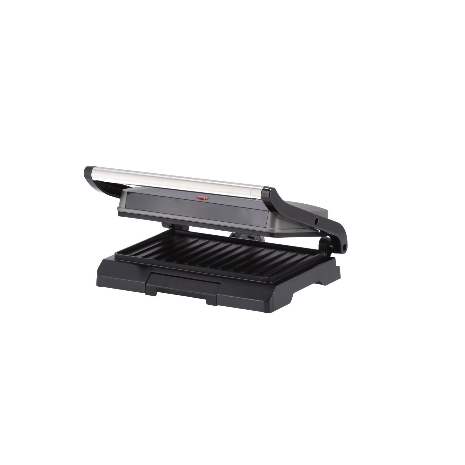 Otwarta czarna i srebrna prasa do panini. Otwarta górna pokrywa, widoczne ślady grilla na dole.