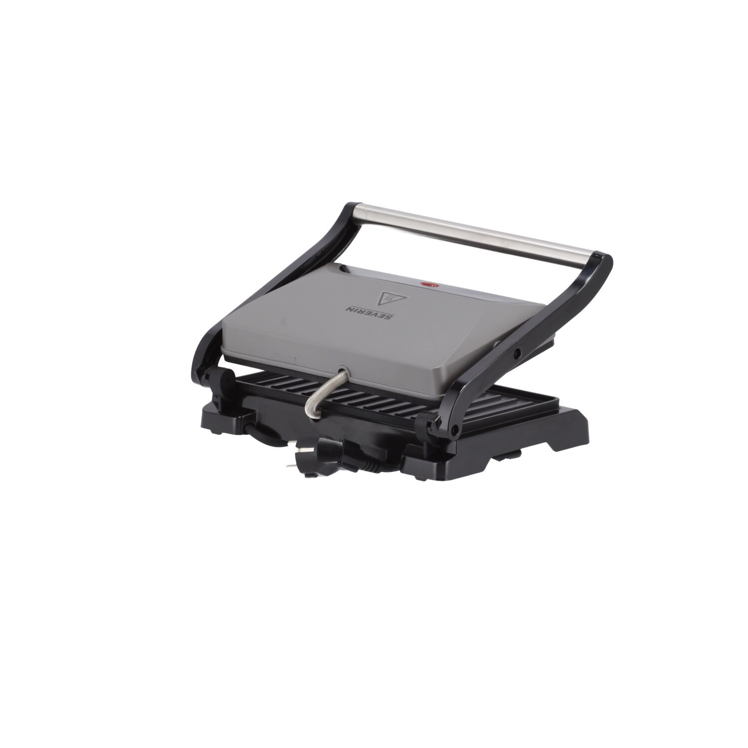 Czarny i szary opiekacz do kanapek Severin na białym tle, dołączony przewód.