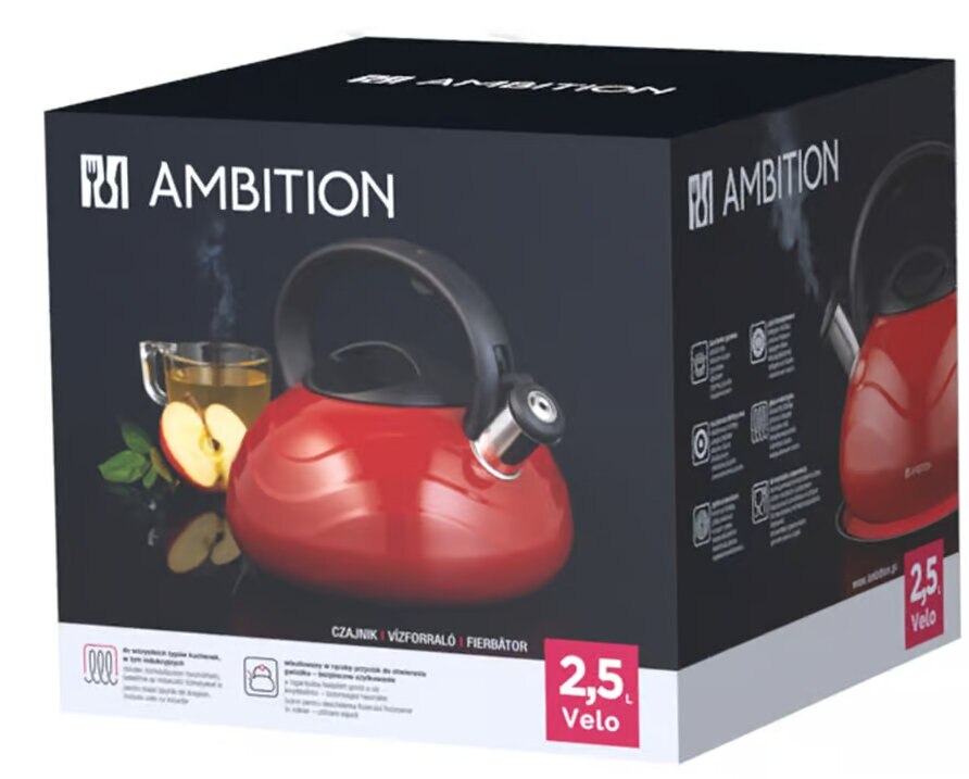 Czerwony czajnik na czarnym pudełku, szklanka herbaty i plasterki jabłka. Tekst '2,5 L' i 'Velo'.