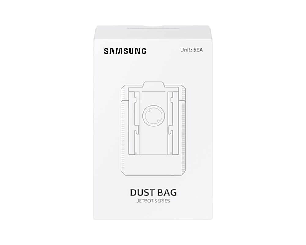 Białe pudełko Samsung z ilustracją worka na kurz serii JetBot.