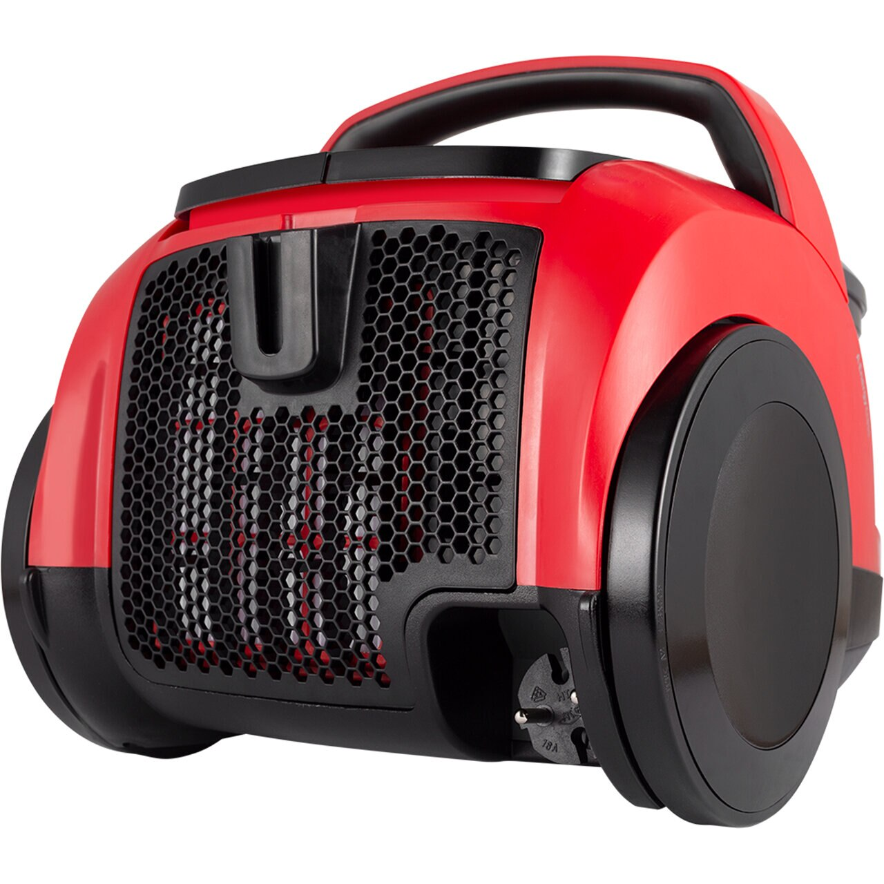 Czerwony odkurzacz z czarnym uchwytem i kratką. Odkurzacz jest na białym tle.