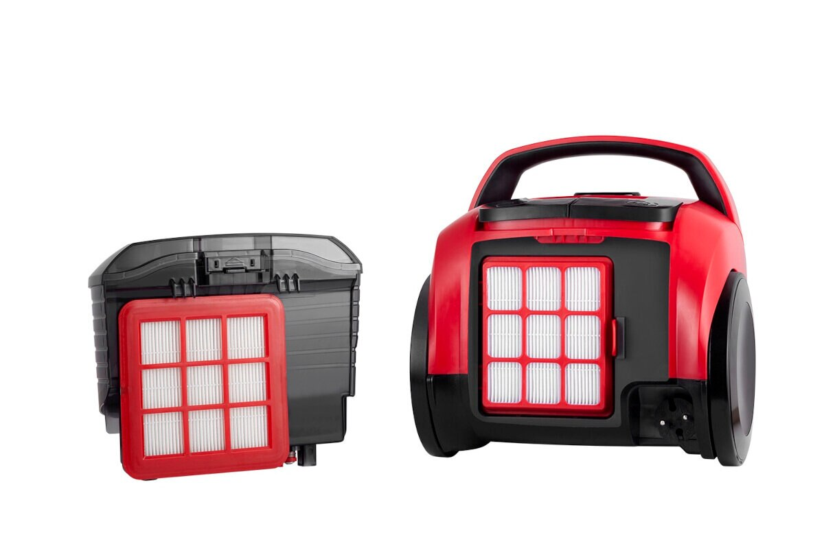 Części odkurzacza, filtr i komora, czerwona ramka.