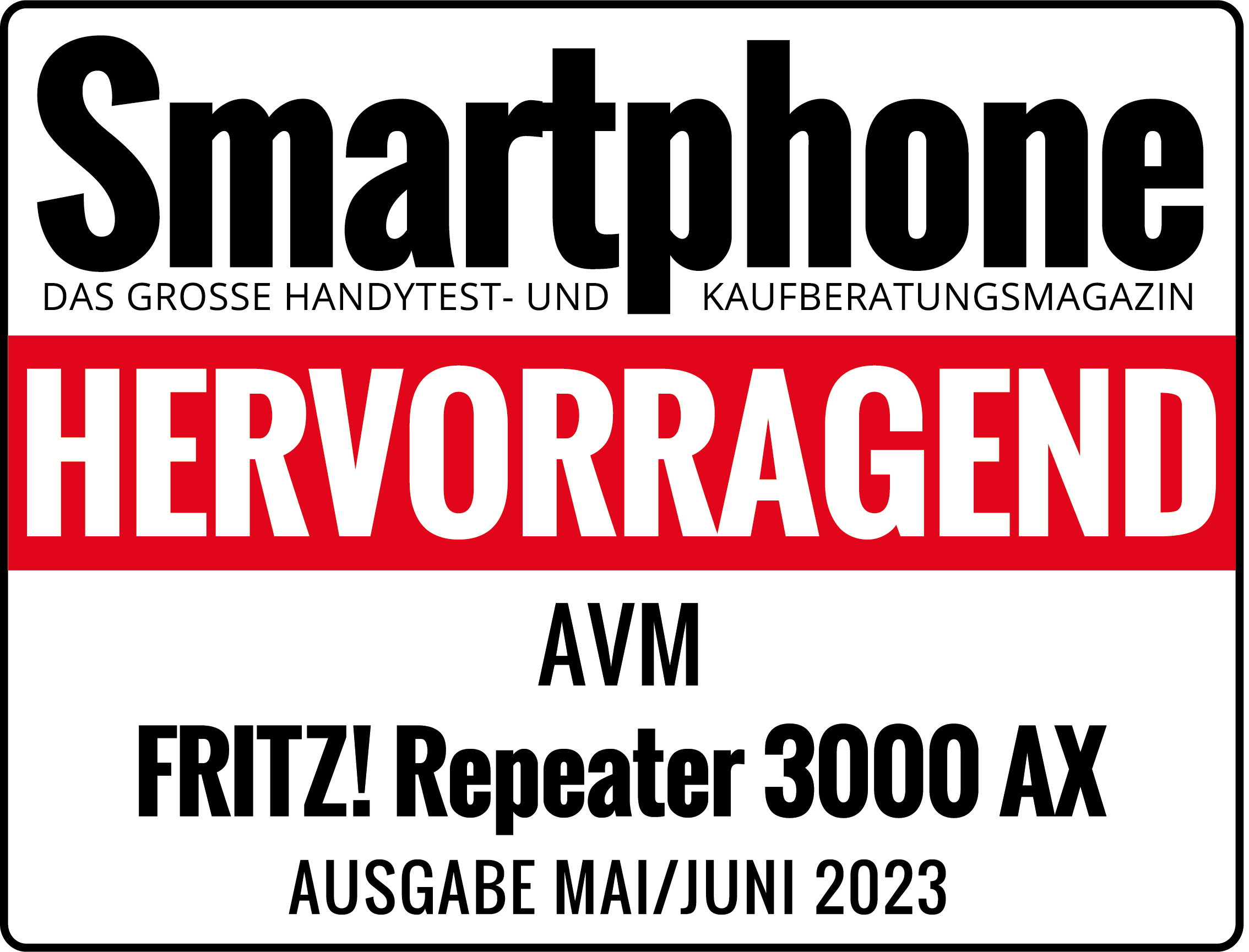 Couverture de magazine : titre « Smartphone », « HERVORRAGEND », AVM FRITZ!Repeater 3000 AX, numéro mai/juin 2023.
