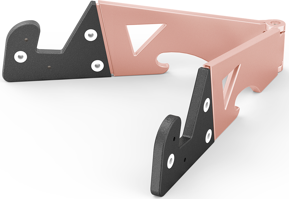 Rose gold phone stand folded open, with black supports and white screws.
