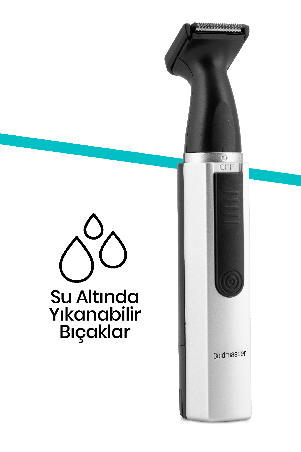 Gümüş ve siyah elektrikli sakal düzeltici, su damlası simgesi ve metinle beyaz zemin üzerinde.
