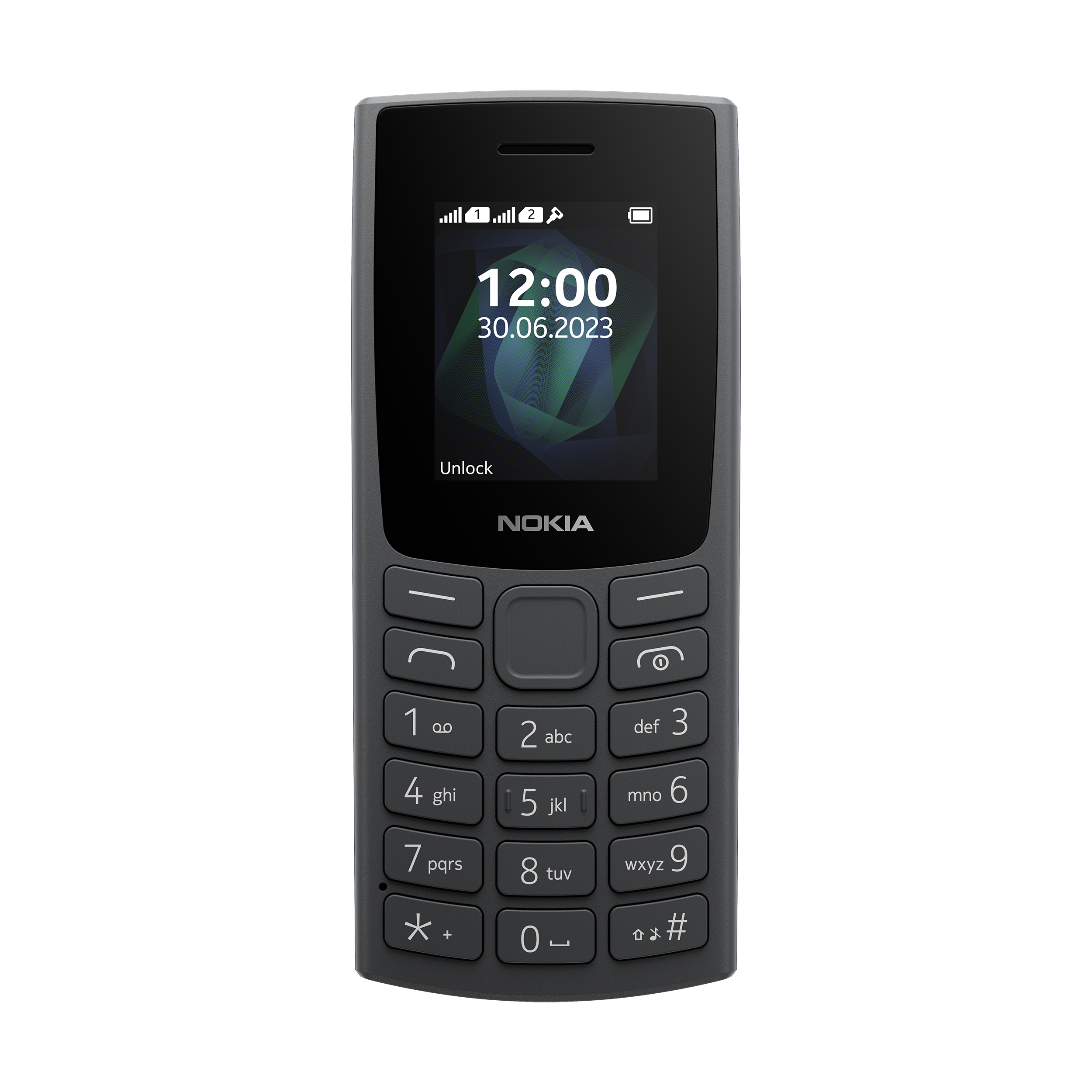 Ein dunkelgraues Nokia-Telefon mit schwarzen Tasten und einem Bildschirm mit Datum.