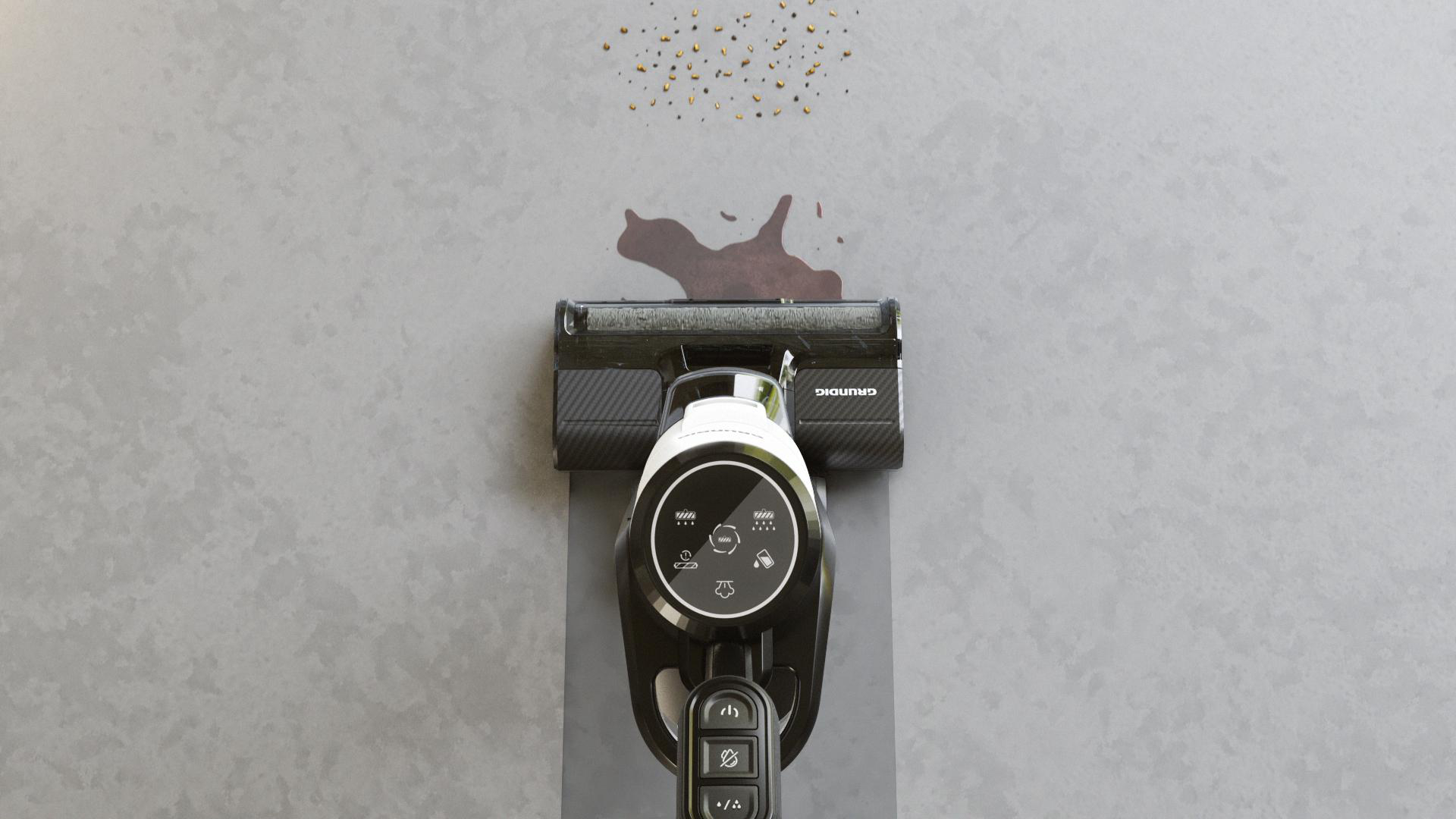 Staubsauger mit Wasserfleck an der Wand. Die Maschine steht vor weißem Hintergrund.