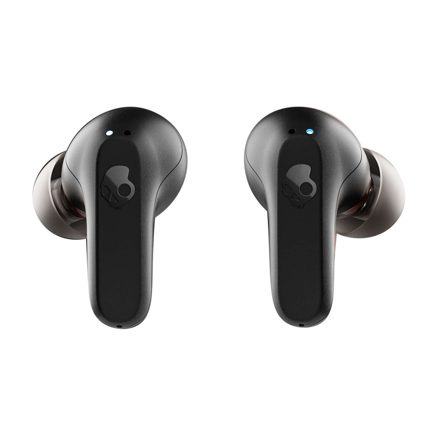 Two black Skullcandy earbuds. Each has a logo and a small light.