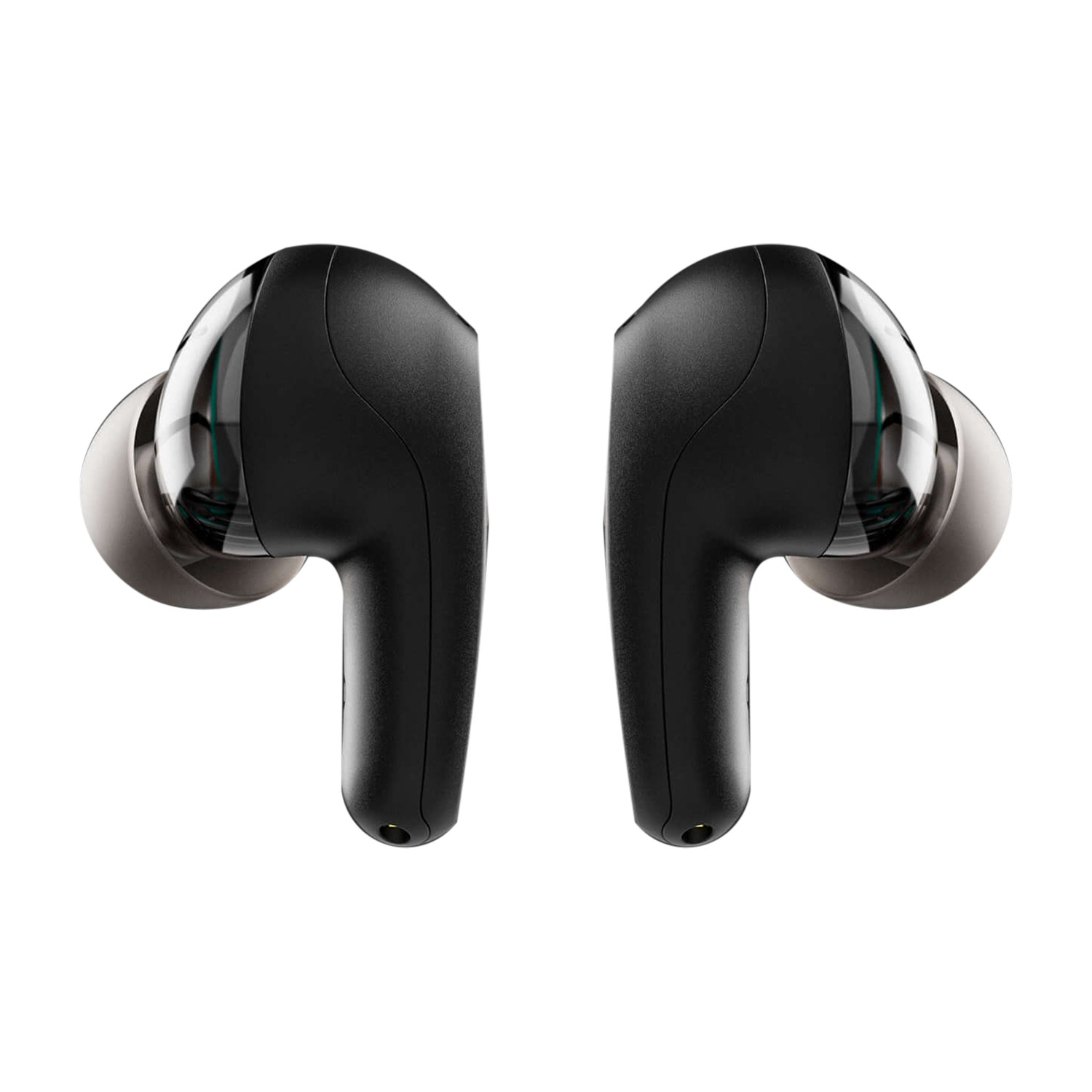 Two black earbuds, side by side, with transparent ear tips. Earbuds are set against white.